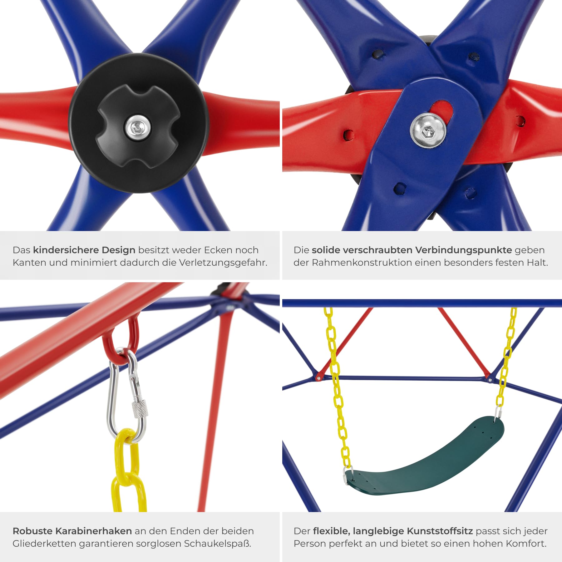 tectake® Klettergerüst mit Schaukel, Ø 305 cm, wetterfest, ab 3 Jahren, bis 200 kg belastbare Kinderspielgeräte, Spielplatz Kletteranlage, Gartenspielturm, Kinderspielplatz Geräte, bunt - mit Schaukel