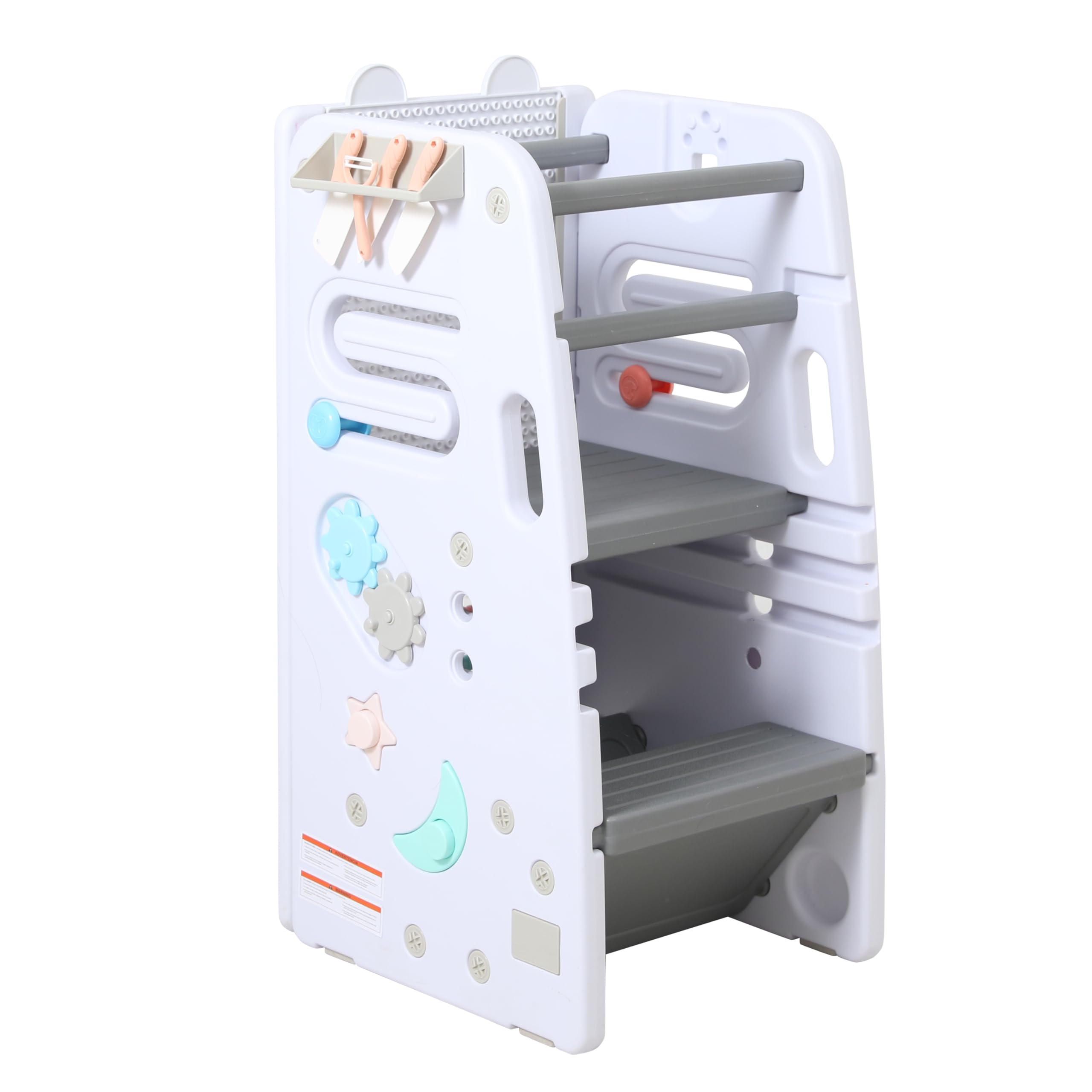 SDADIKids Kitchen Step Stool with Safety Rail -Multifunctional Toddler Kitchen Stool Helper,Baby Standing Tower for Counter with Whiteboard and Toys, White and Dark Gray