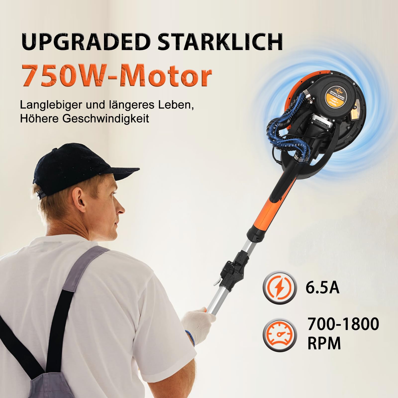 Lijadora de pared y techo, 750 W, velocidad máxima de 1800 rpm, lijadora de pared con LED y mango telescópico, lijado de 215 mm, bolsa de extracción, mango plegable, cabezal inclinable