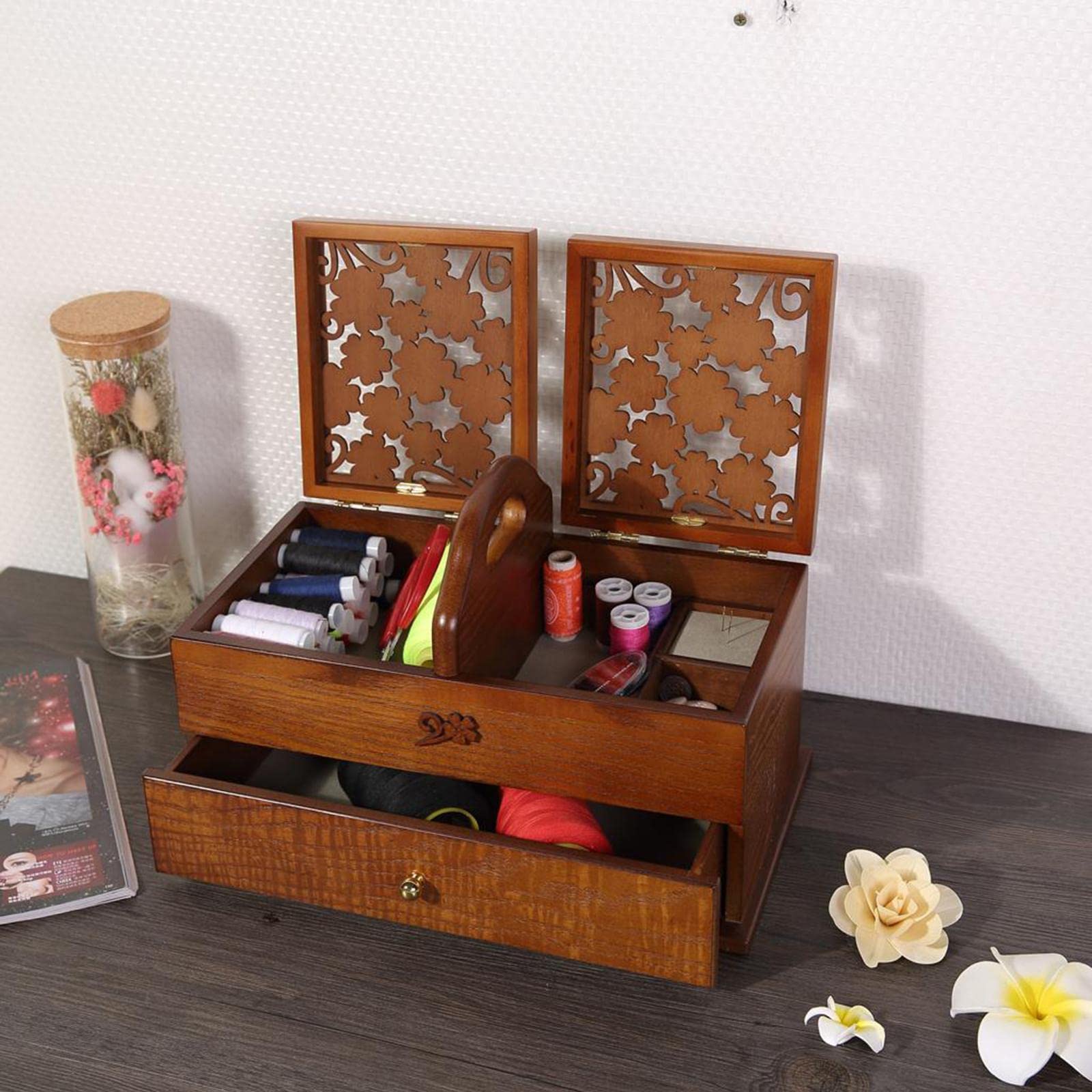 Cestino da Cucito in Legno, Scatola Portagioie Vintage, Idea Regalo per Accessori
