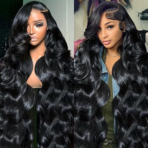 IUPin 250% Density 28 Inch Body Wave HD Lace Front Wigs Human Hair Glueless Wigs Pre Plucked 13x4 Transparent Body Wave Frontal Human Hair Wig with Baby Hair Lace Front for Black Women