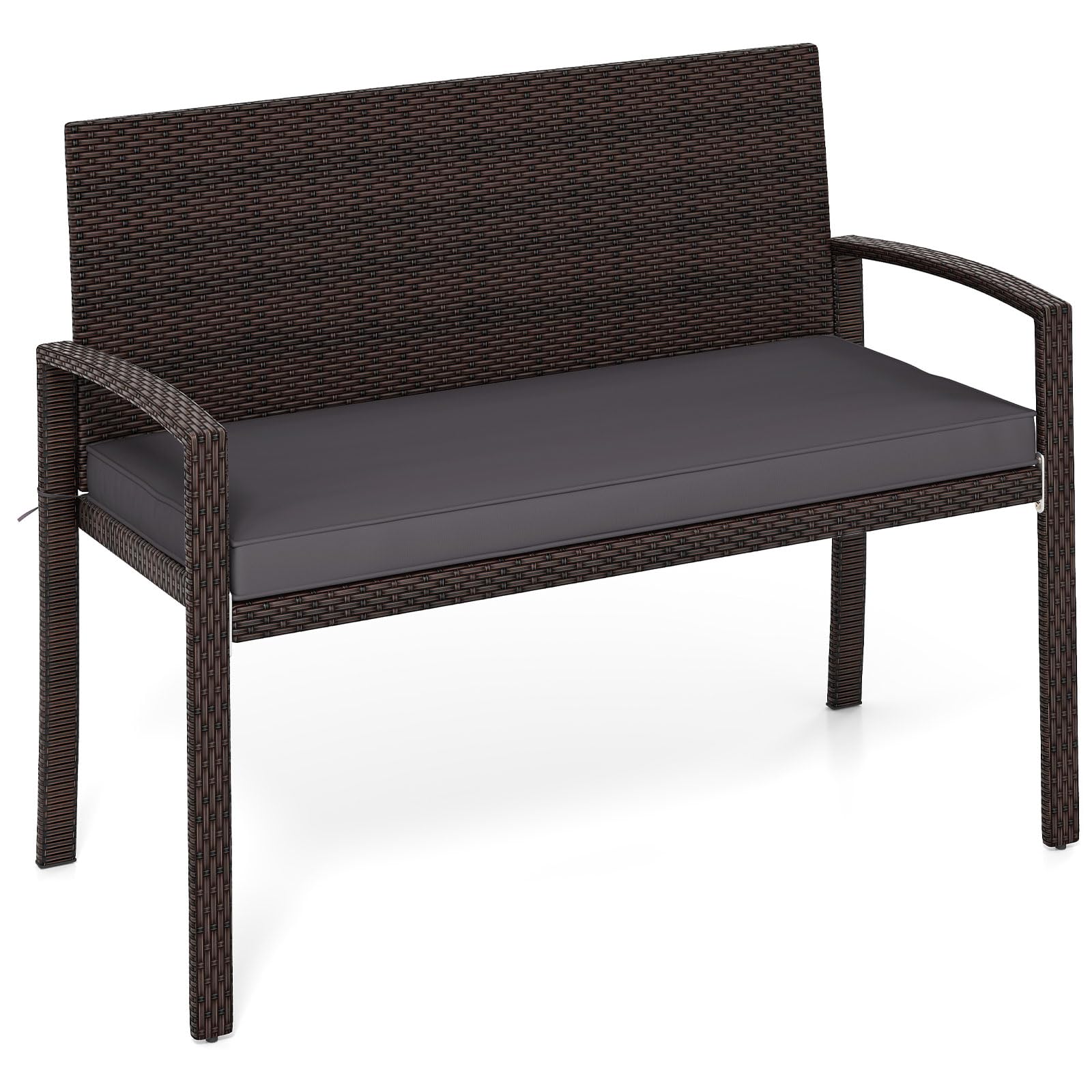 COSTWAY Panchina da Esterno in Rattan PE 110 x 56 x 84 cm, Panchina da Giardino con Morbido Cuscino, Schienale e Braccioli, Poltrona per Veranda, Balcone e Ingresso (Grigio)