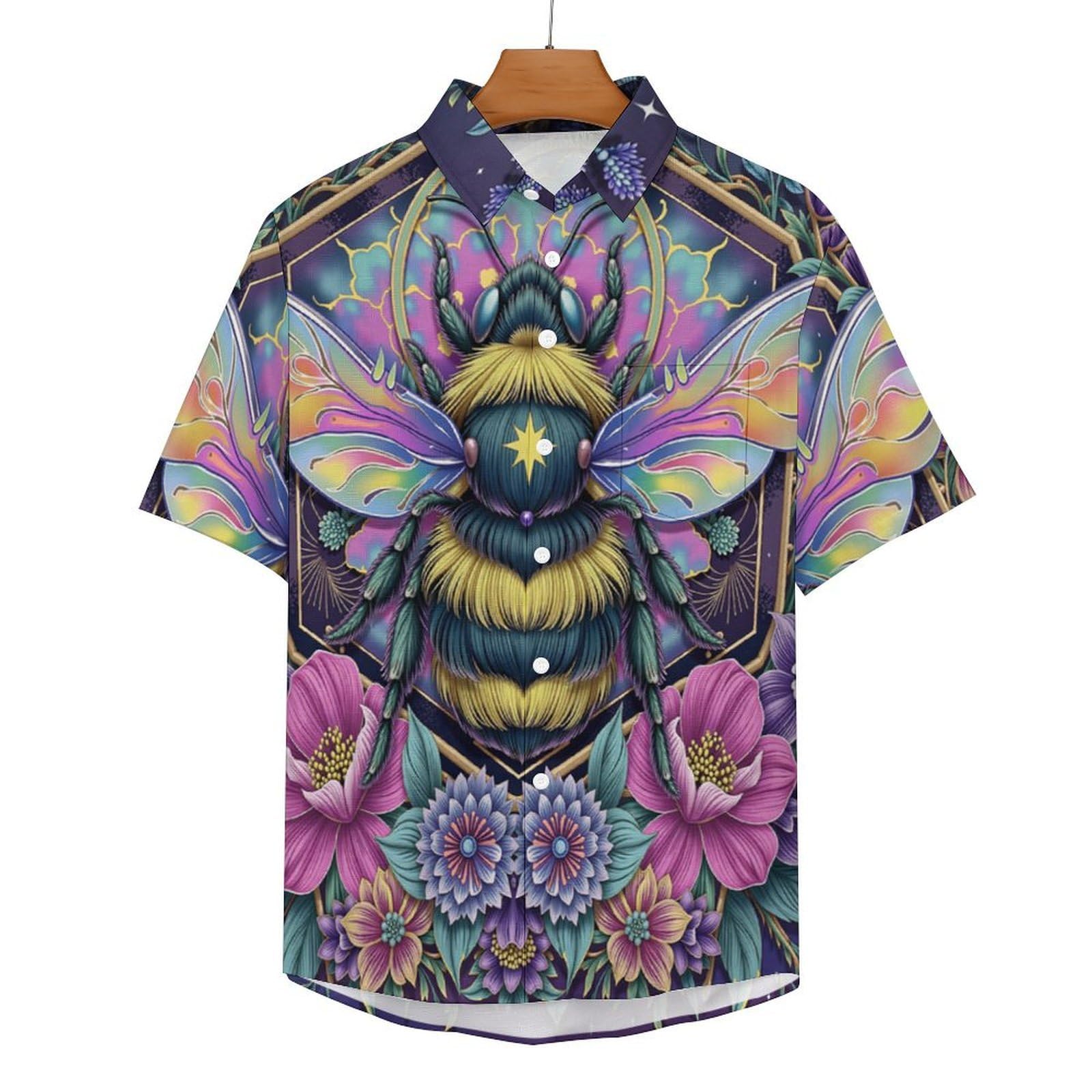 Camicie da Uomo a Maniche Corte con Stampa della Fiori Api Carino, Casual Leggere Bottoni Camicia con Tasca Frontale, per Vacanze Spiaggia Estate