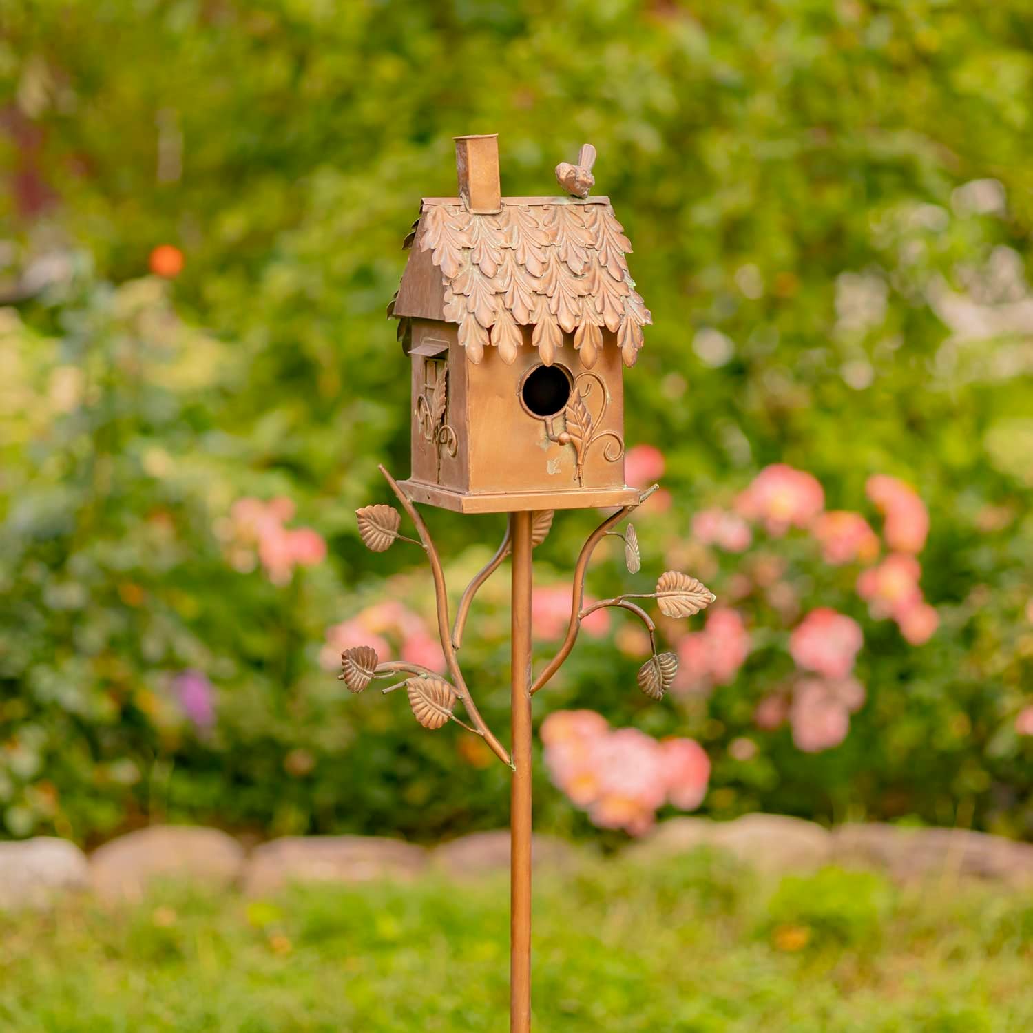 Copper Color Bird House Garden Stake with Ornate Style Roof (Rectangular)