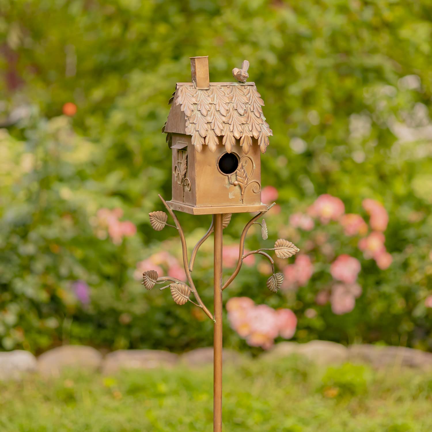 Copper Color Bird House Garden Stake with Ornate Style Roof (Rectangular)