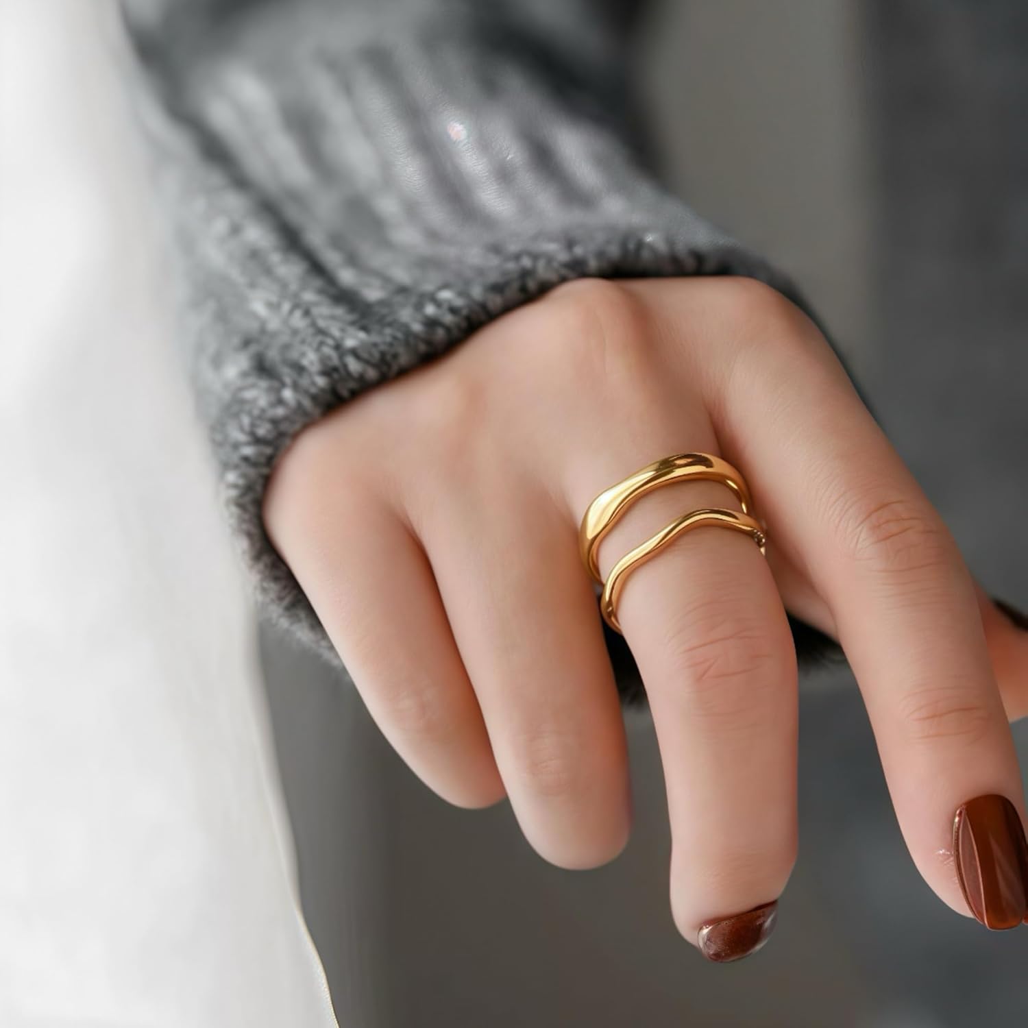 Women’s 14K Gold-Plated Stackable Anti-Tarnish Rings/Sizes 7/8, Chunky Wedding Gift - Image 3