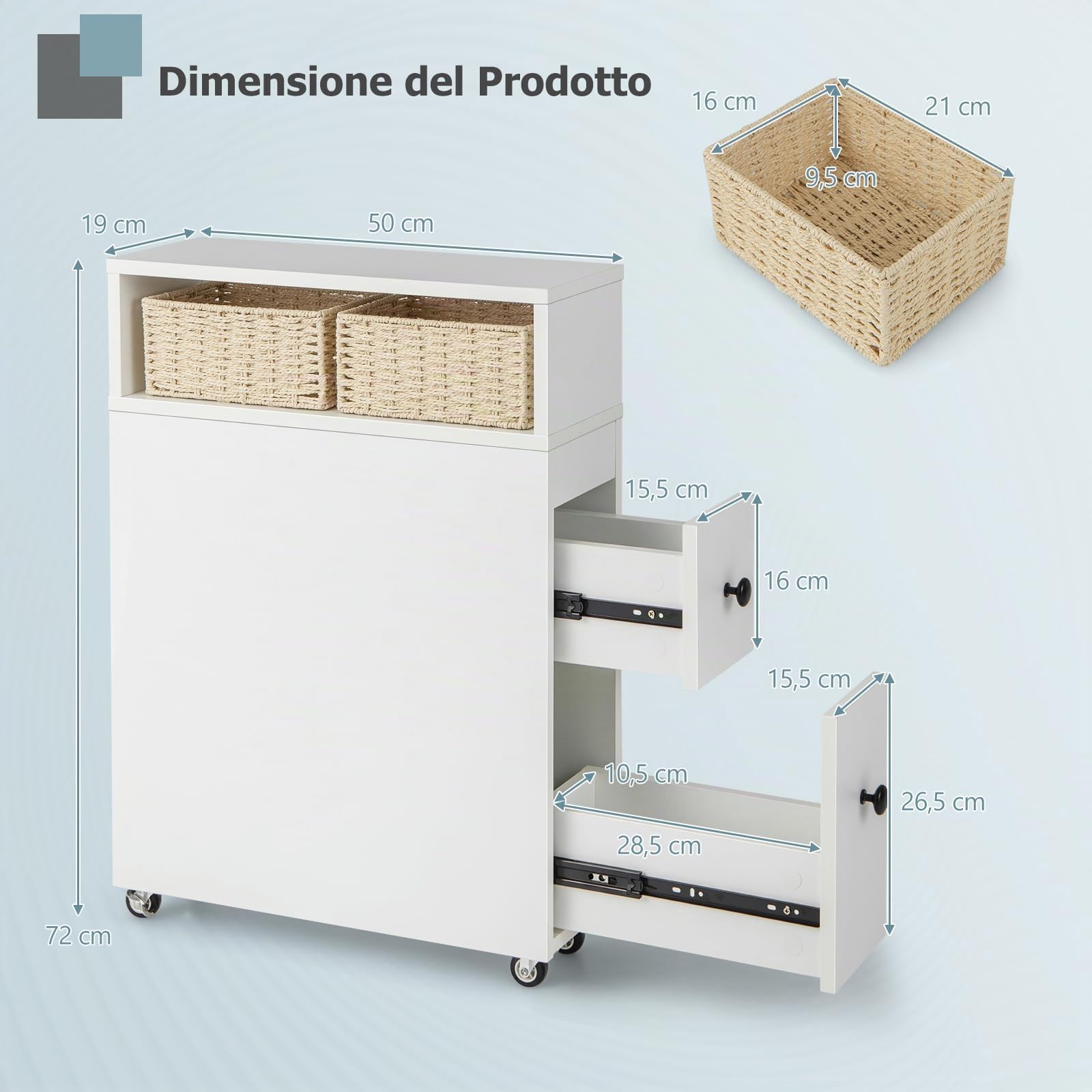 GYMAX Mobiletto da Bagno, Porta Carta Igienica Autoportante con 2 Cassetti Estraibili, 2 Cesti di Vimini e Portaspazzolino, Mobile Stretto Laterale Rotante per Toilette (Bianco)