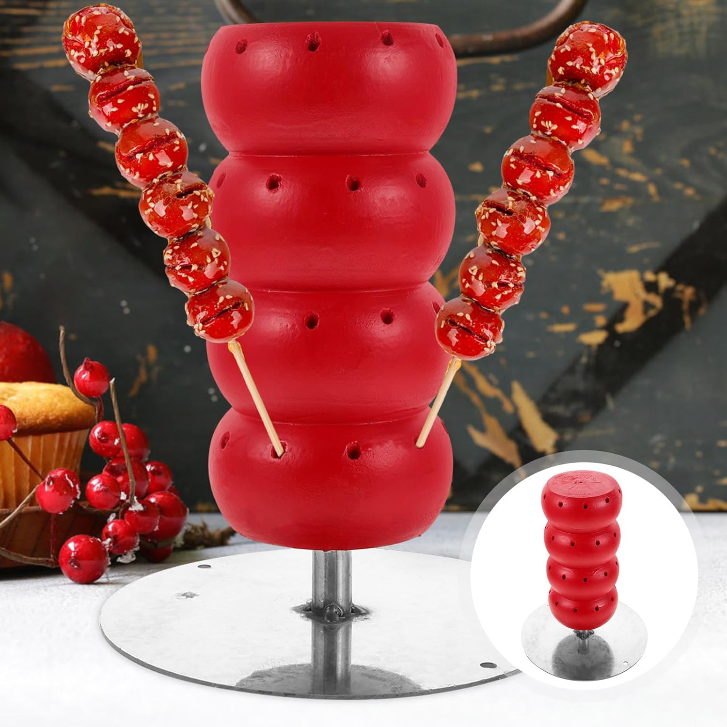 Red Wooden Candied Fruit Display Stand with Fixed Base Multipurpose Dessert Organizer for Parties and Shops Compact Candy Rack for Lollipops and Treats