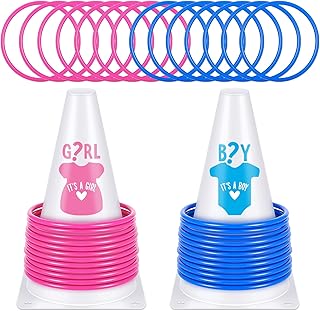 28 Pcs Gender Reveal Party Boy or Girl Ring Toss Game Include 2 Plastic Cones 2 Gender Stickers and 24 Pink Blue Toss Rings for Guests Baby Shower Baptism Party Supplies Family Gathering
