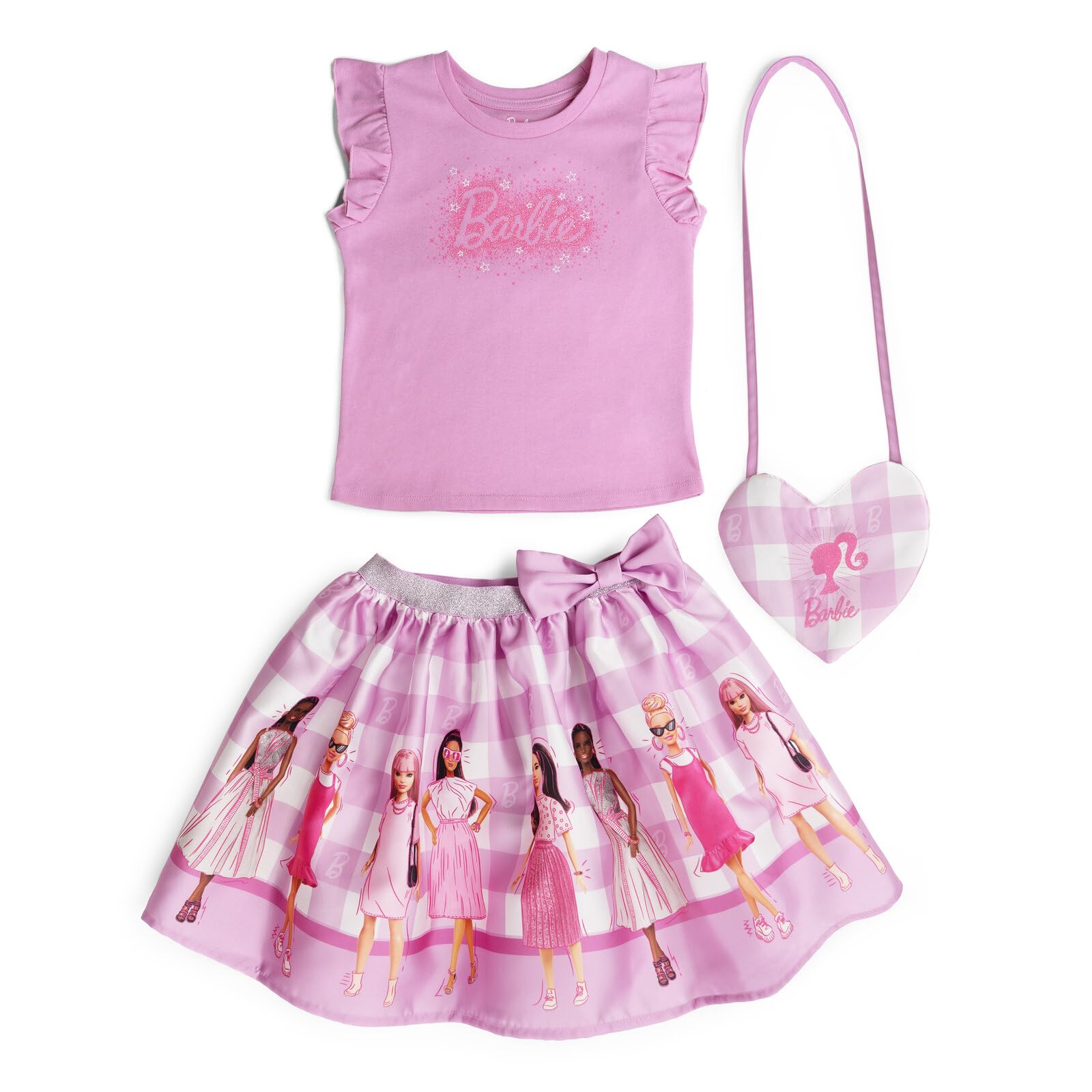 Barbie Dziewczęcy podkoszulek, satynowa spódnica i torba crossbody, 3-częściowy zestaw strojów od malucha do dużych dzieci (2T - 14-16)