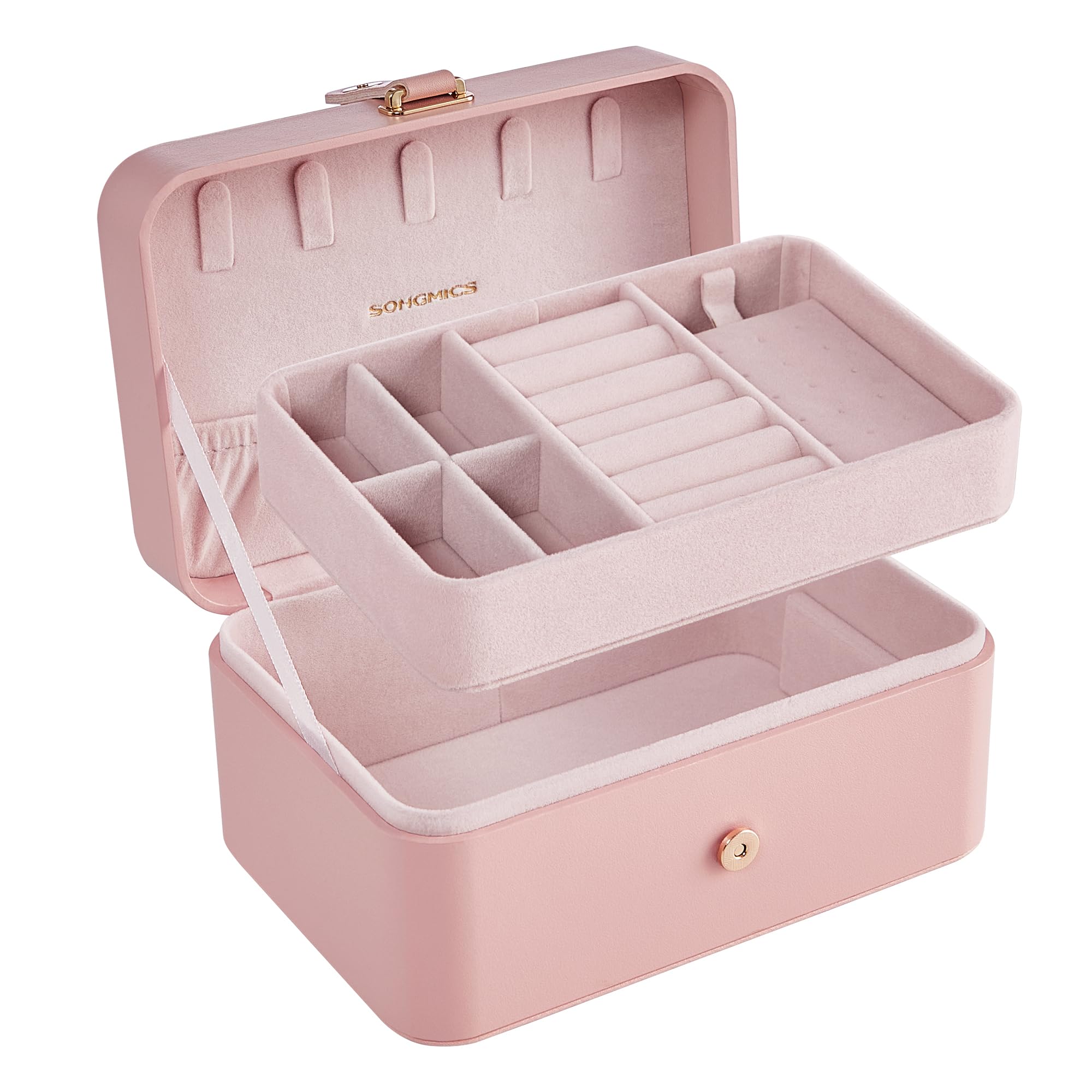 SONGMICS Jewellery Box, 2-Layer Jewellery Storage, 11 x 16 x 8 cm Travel Jewellery Box, Portable Jewellery Case, Small, Spacious, for Larger Accessories, Gift Idea, Jelly Pink JBC166R01