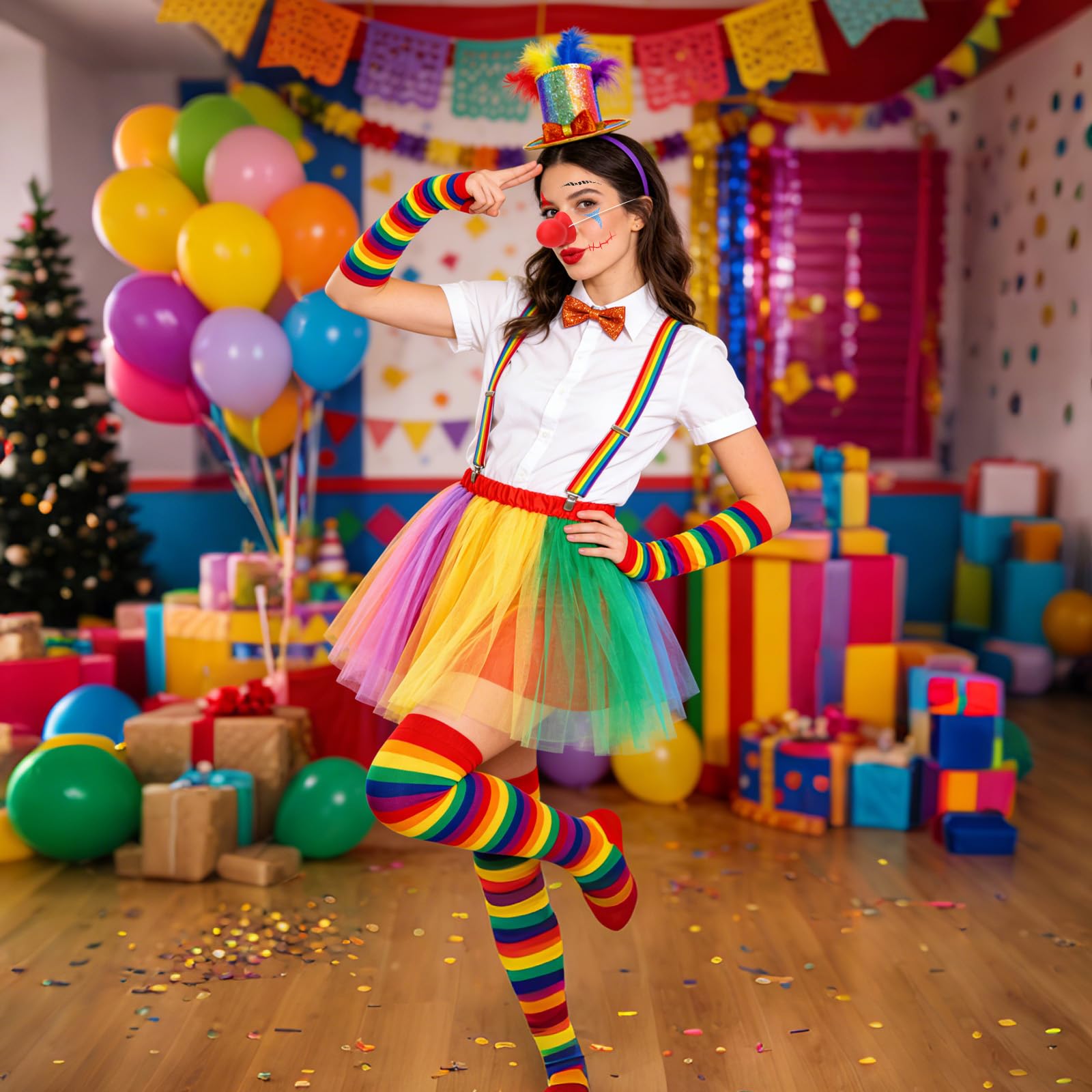 7 Piezas Disfraz Payaso Mujer Adulto, Disfraz Circo, Tutu Arcoíris Nariz de Payaso Pegatinas para la Cara Diadema de Plumas y Calcetines Arcoíris Guantes Tirantes