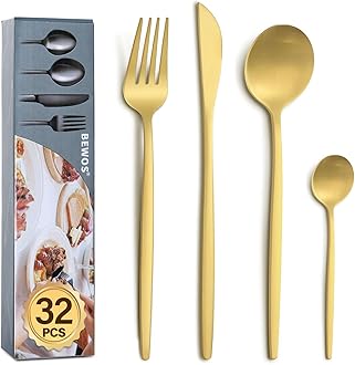 BEWOS 32 Piece Gold Cutlery Set for 8, Cutlery Includes Forks, Steak Knives and Spoons, Dishwasher Safe Tableware for Home Restaurants, Knife and Fork Sets Food-Grade Stainless Steel