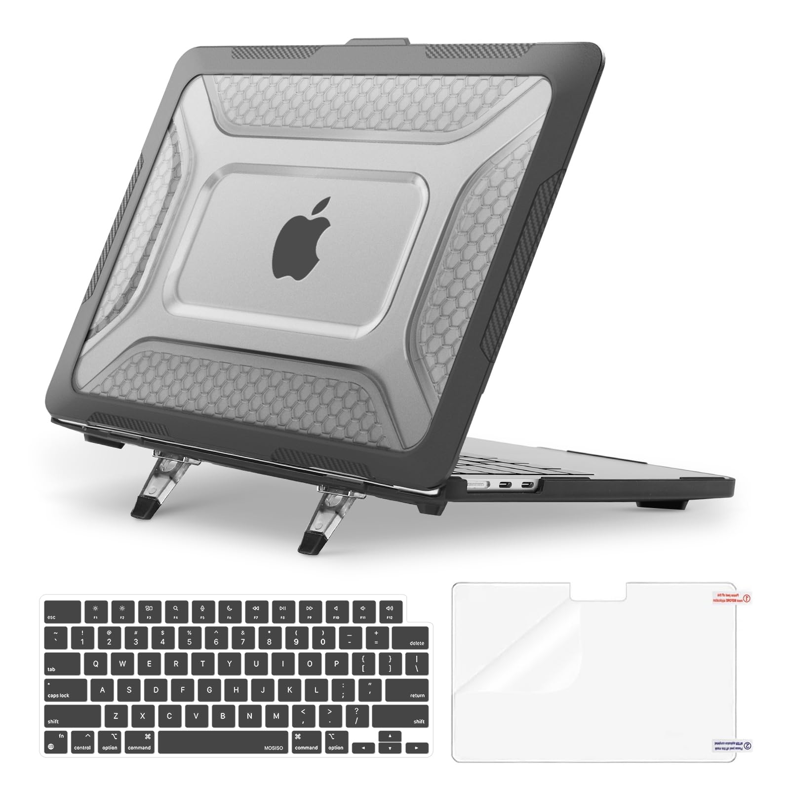 MOSISO Compatible with MacBook Air 13 inch Case M5 M4 M3 M2, Black | Honeycomb Duty Case with TPU Bumper&Kickstand&Keyboard Skin&ScreenFilm for MacBook Air 13.6 2026-2022 A3449 A3240 A3113 A2681