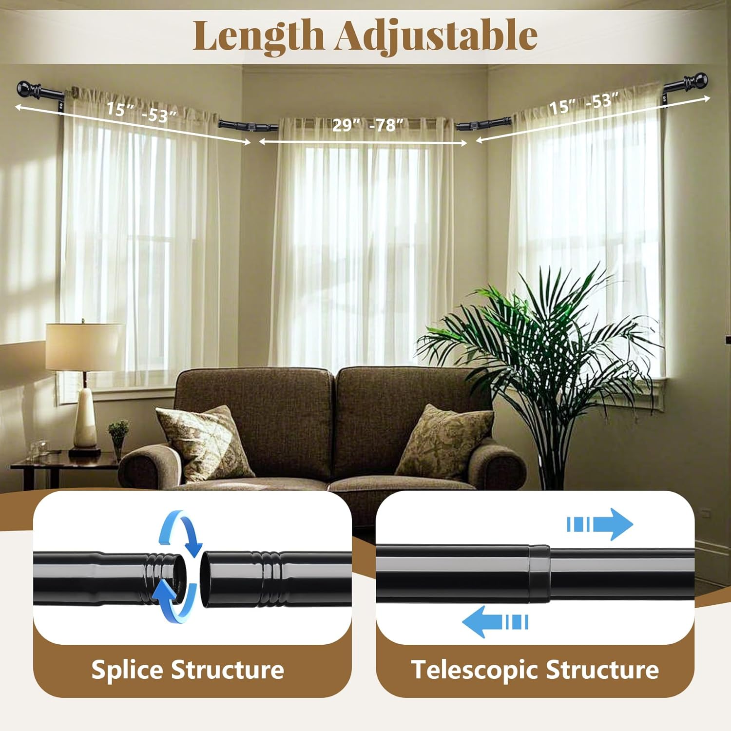 Bay Window Curtain Rods, U shaped Adjustable Curved Curtain Rods for Windows 59 to 184 Inches, Black 1 inch Renter Friendly Heavy Duty Curtain Rods with Brackets for Bedroom, Living Room Curtains
