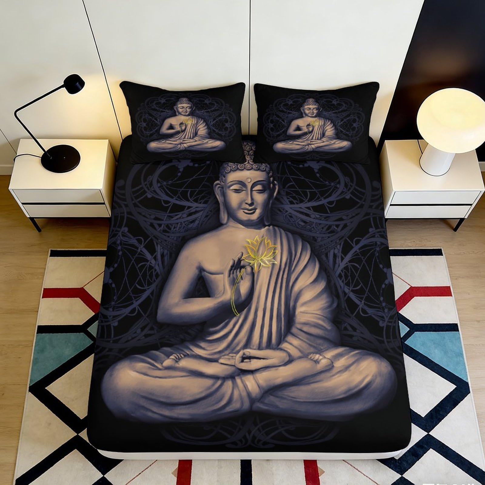 3D Printed Buddha Meditation Fitted Sheet Microfiber Black Lotus Bed Cover Anti-Slip Easy Care for Bedroom Guest Room Decor 140x200x25cm