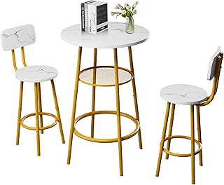 RLRO 24" Bar Table and Chairs Set, 3 Pieces Small Round Coffee Bar Table with Storage, Counter Height Furniture for Dinner, 2 Wood Top Stools with Backrest, Pub Dining Set for Small Spaces (Gold)