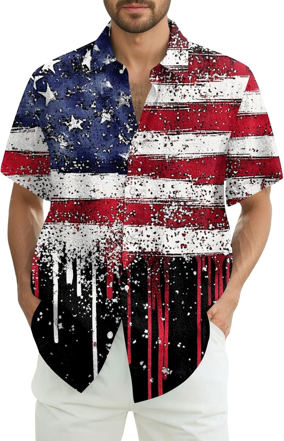 RTRDE Men's Casual Button Down Shirts Short Sleeve USA Flag Patriotic 4th of July Casual Hawaiian Shirts