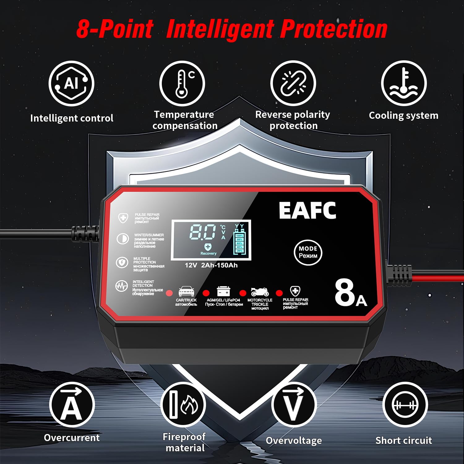 Cargador inteligente de batería de coche de 12 V 8 A, reparación de pulsos, carga rápida para coche, Moto AGM, gel, plomo ácido, LiFePO4, carga de batería con pantalla LCD y modo de reparación