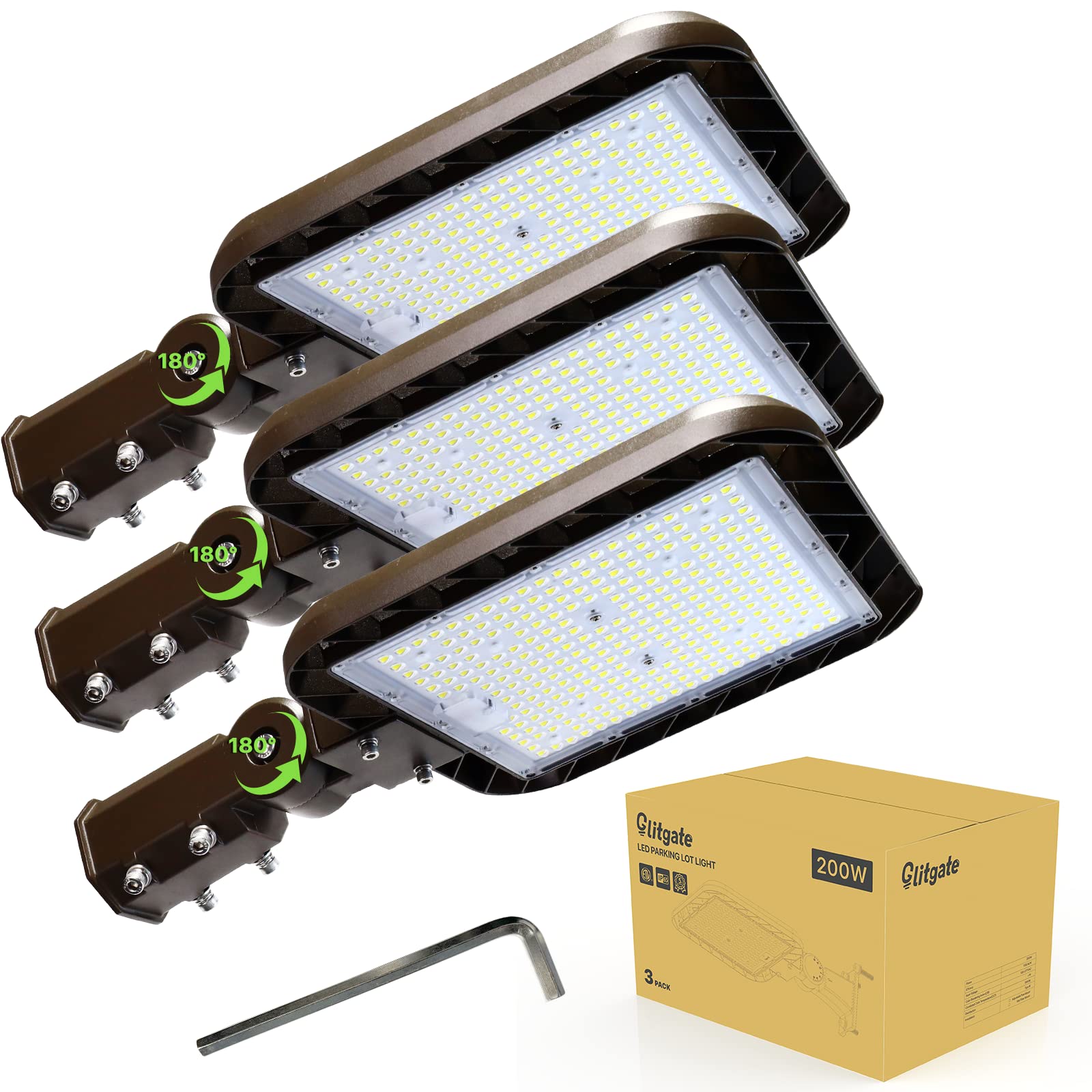 Parking Lot Light 200W 30000LM Dusk to Dawn Photocell Led Street Lights Adjustable Slip Fitter Mount IP65 Waterproof 5000K Commercial Area Lighting for Parking Lot, Roadway 3 Pack