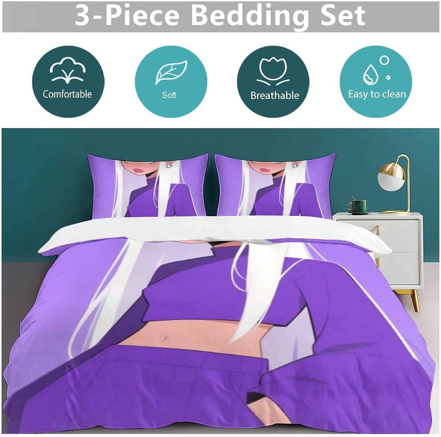 Soft Bedding 3 Piece Set A Girl in Purple with White Hair Queen Duvet Cover Set 2 Pillowcase 1 Quilt Cover All Season Sleep Essentials