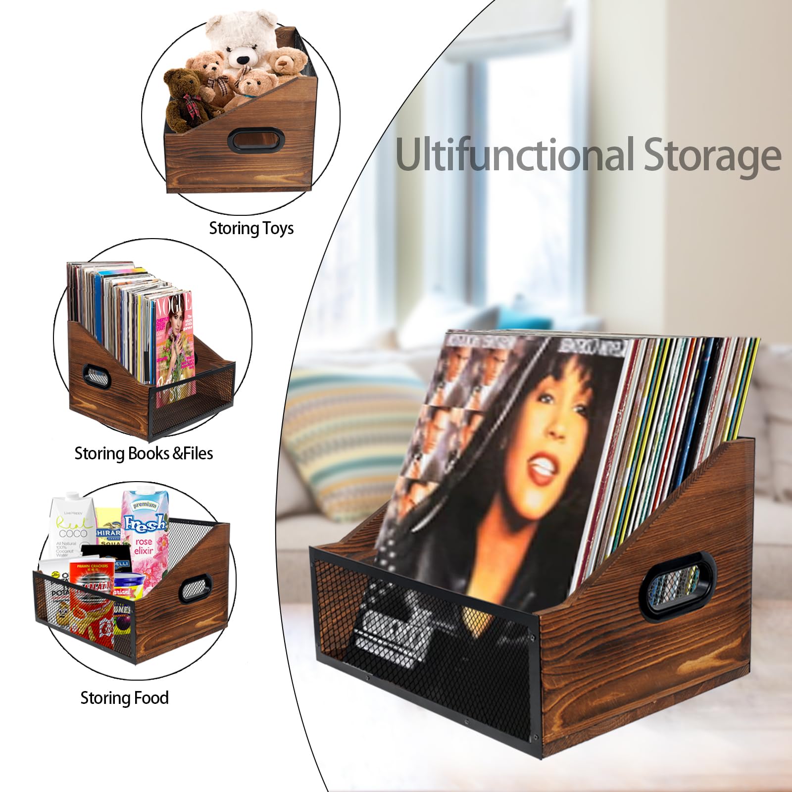 Wooden Crate BXAIGR Wooden Vinyl Record Storage Crate - Holds 65 LP ...