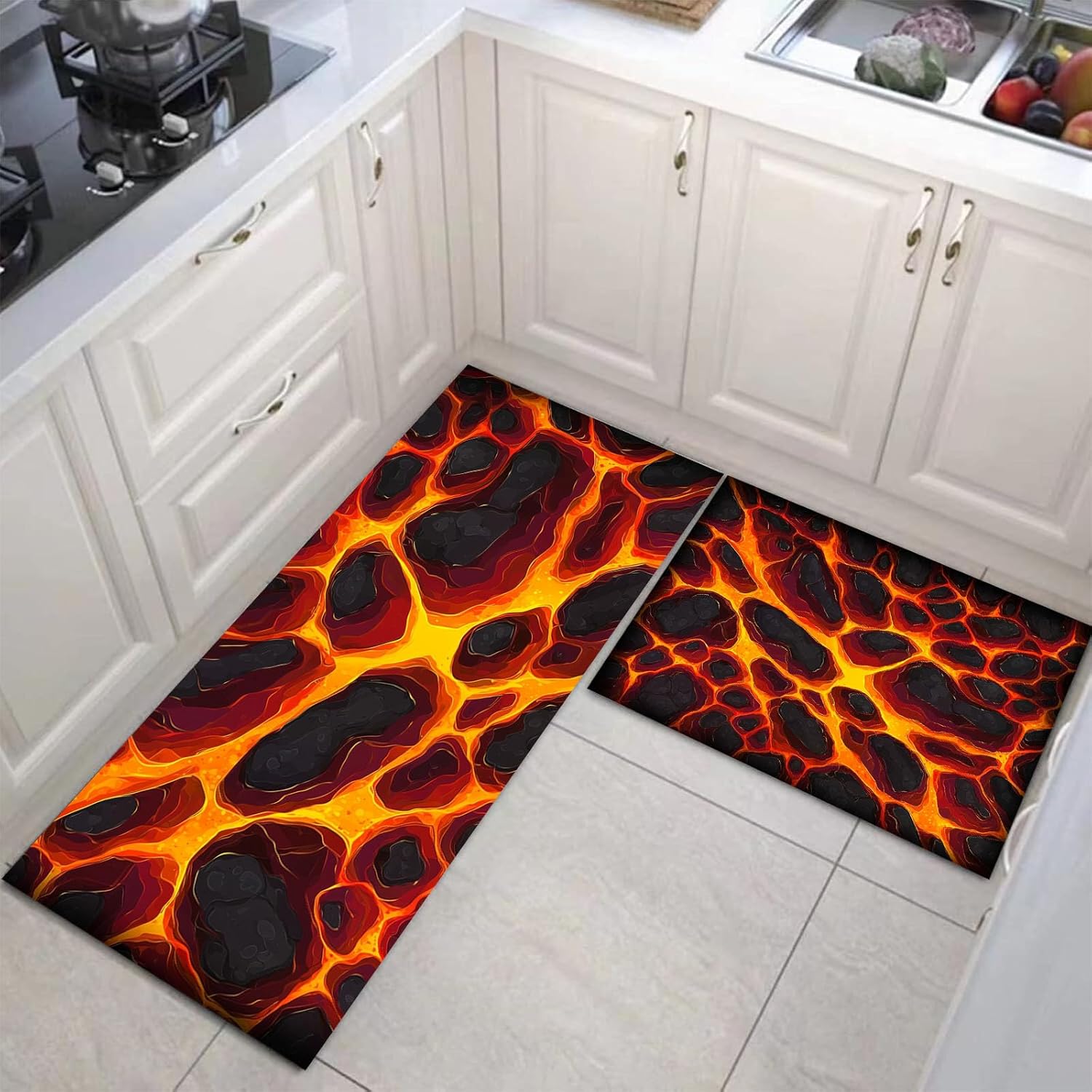 Lava Geometry Kitchen Rug Sets 2 Piece Natural Landscape Non Slip Kitchen Rugs and Mats Washable Burnt Orange Mats for Floor Thick Floor Mat Carpet Runner Rugs for Hallway Laundry