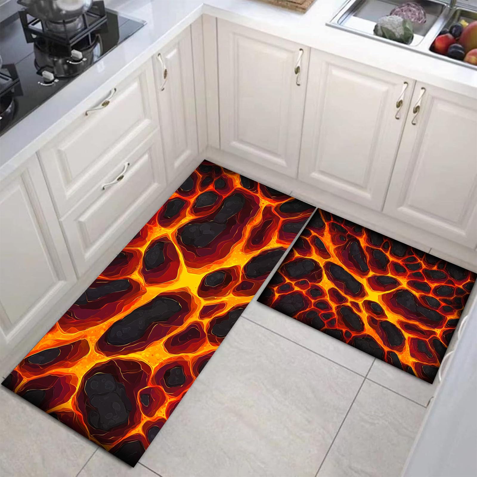 Tapis de cuisine pour couloir et buanderie style géométrie de lave orange