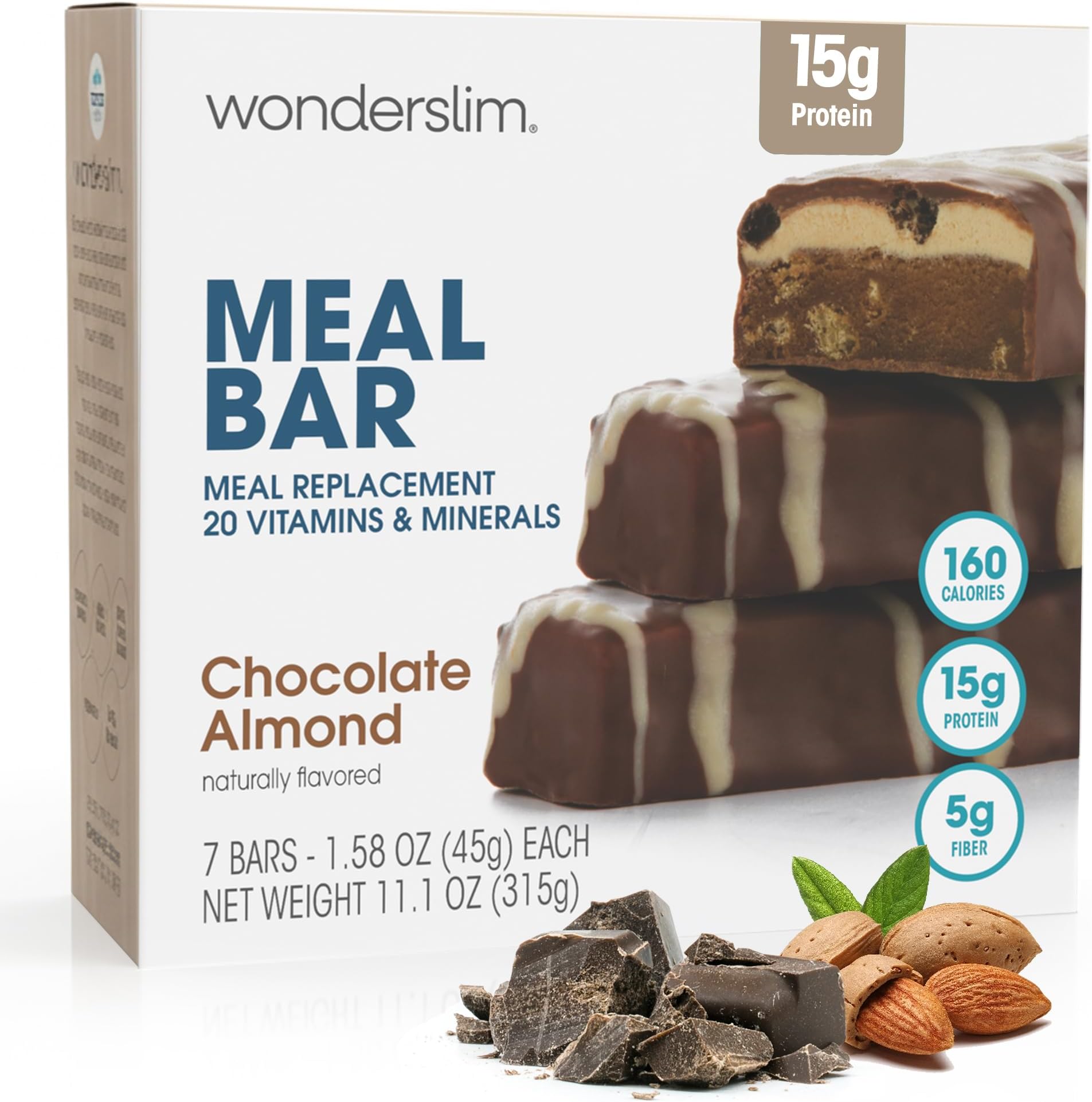 Meal Replacement Protein Bar, Chocolate Almond, 15g Protein, 20 Vitamins & Minerals (7ct)