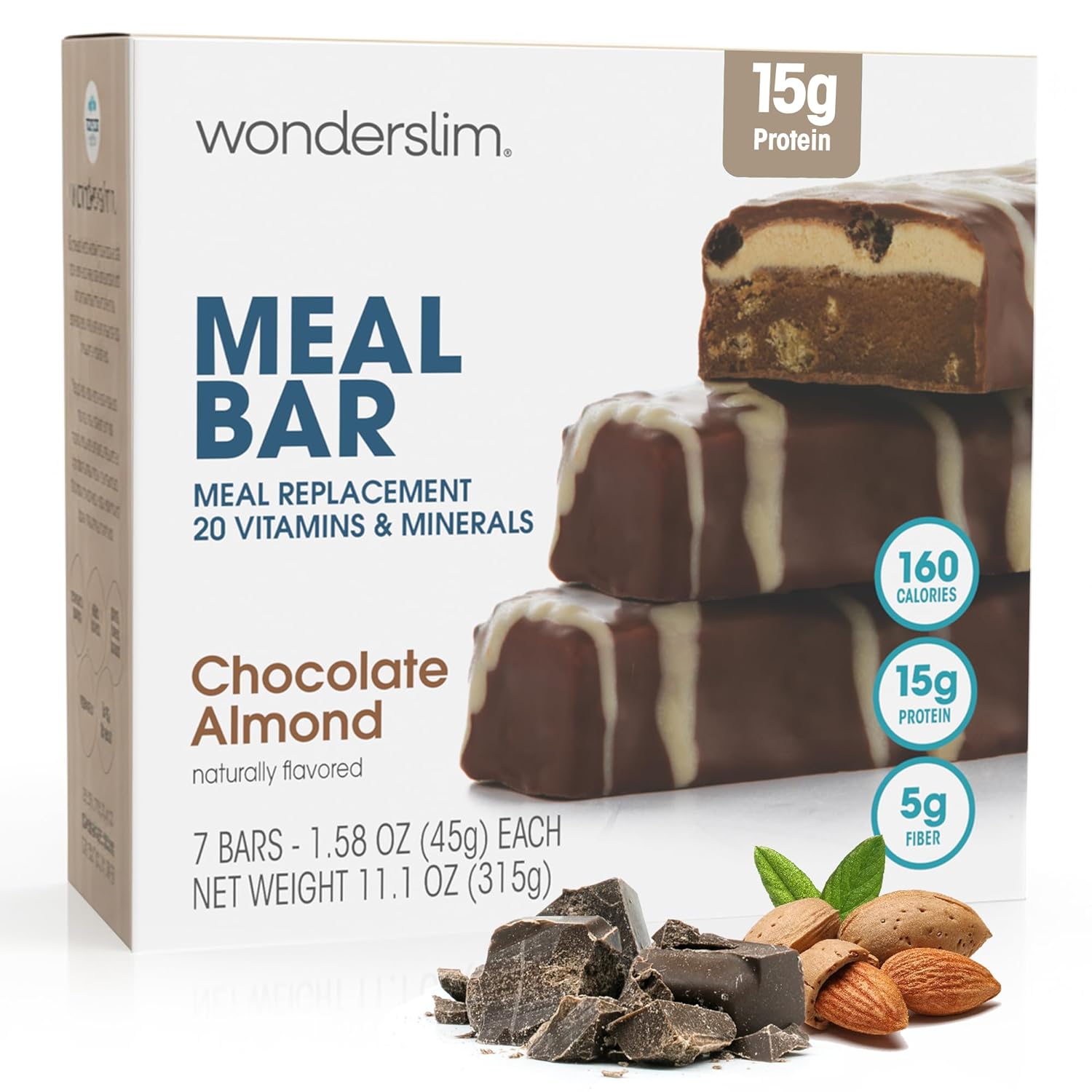 WonderSlim Meal Replacement Protein Bar, Chocolate Almond, 15g Protein, 20 Vitamins & Minerals (7ct)