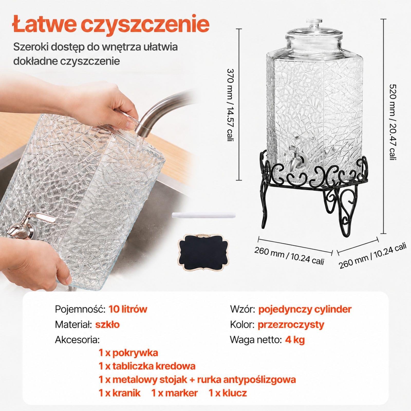 Dystrybutor napojów 1x10L ze szkła z metalowym stojakiem do soków, imprez, barów i bufetu