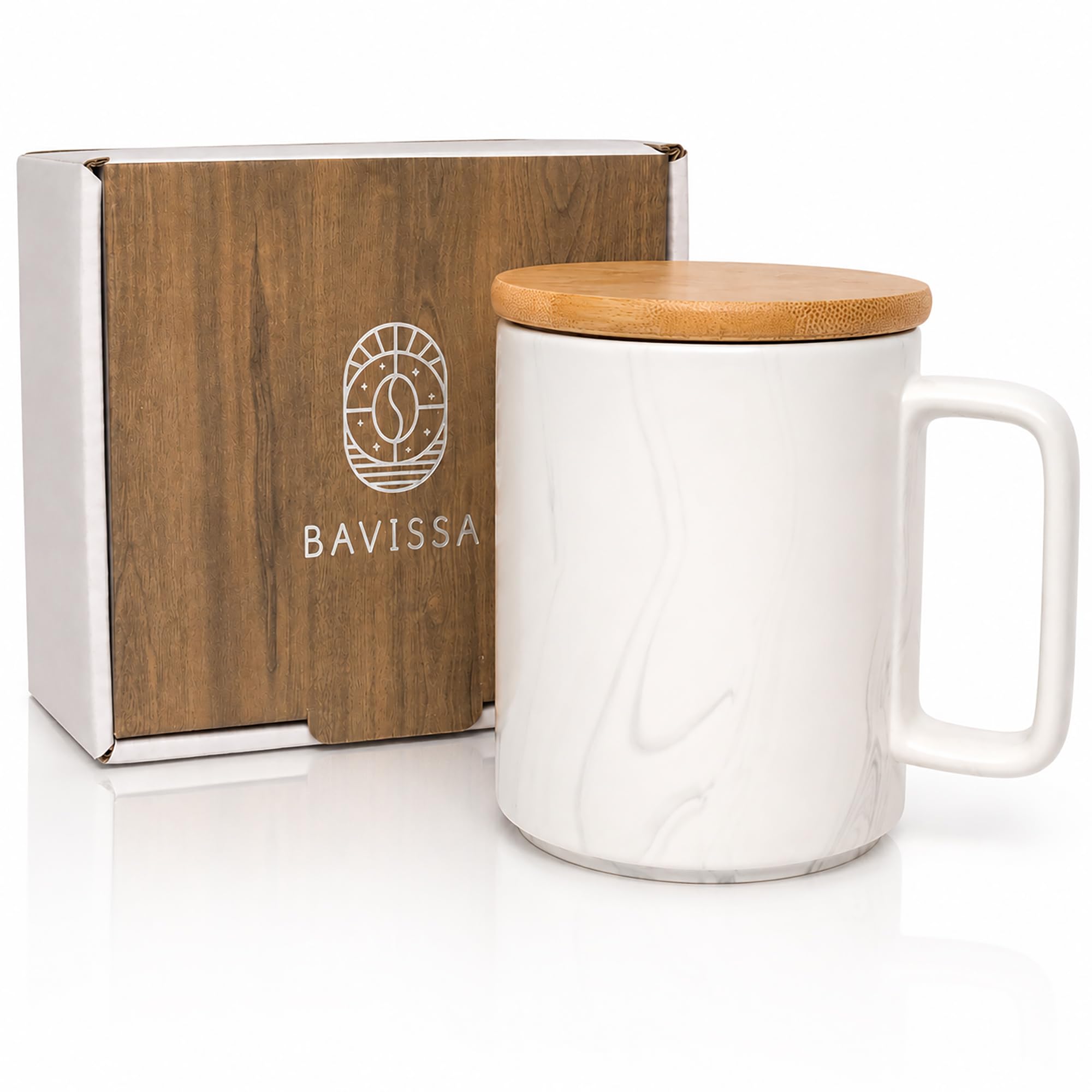 BAVISSA Ceramic Coffee Mug, 400ml, Bamboo Lid, Spillproof (Marble White)