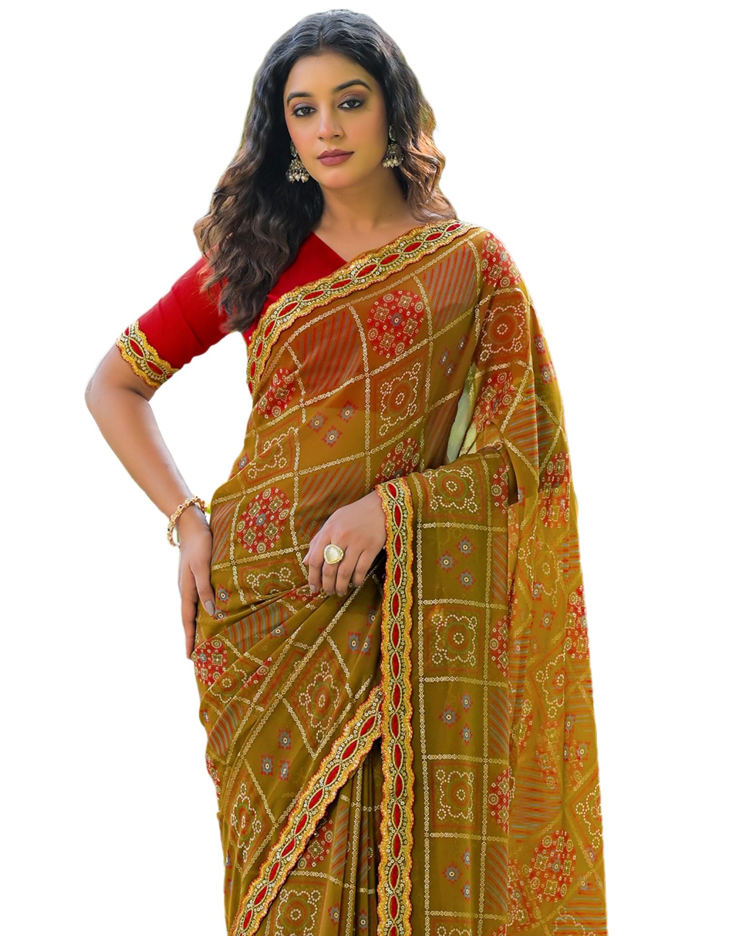 Women's Georgette Bandhani Printed Saree with Unstitched Blouse Piece-image-44