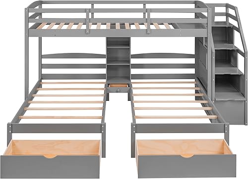 Miniatura 3 de Litera con barandilla de longitud completa litera triple de madera con cajones base de cama individual sobre individual y individual con
