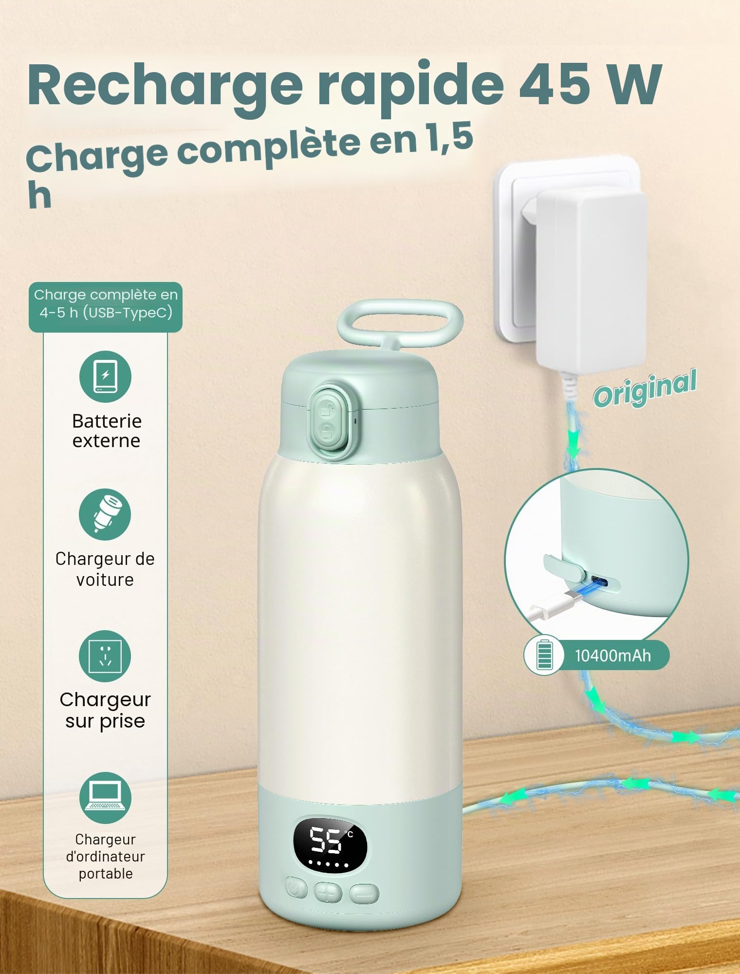 500mL Chauffe Biberon,Chauffe Biberon Portable, Chauffe Biberon Portable Sans Fil,Rechargeable USB,Chauffe Rapide & Température Précise,Batterie 10400 mAh,pour les voyages en véhicule, avion