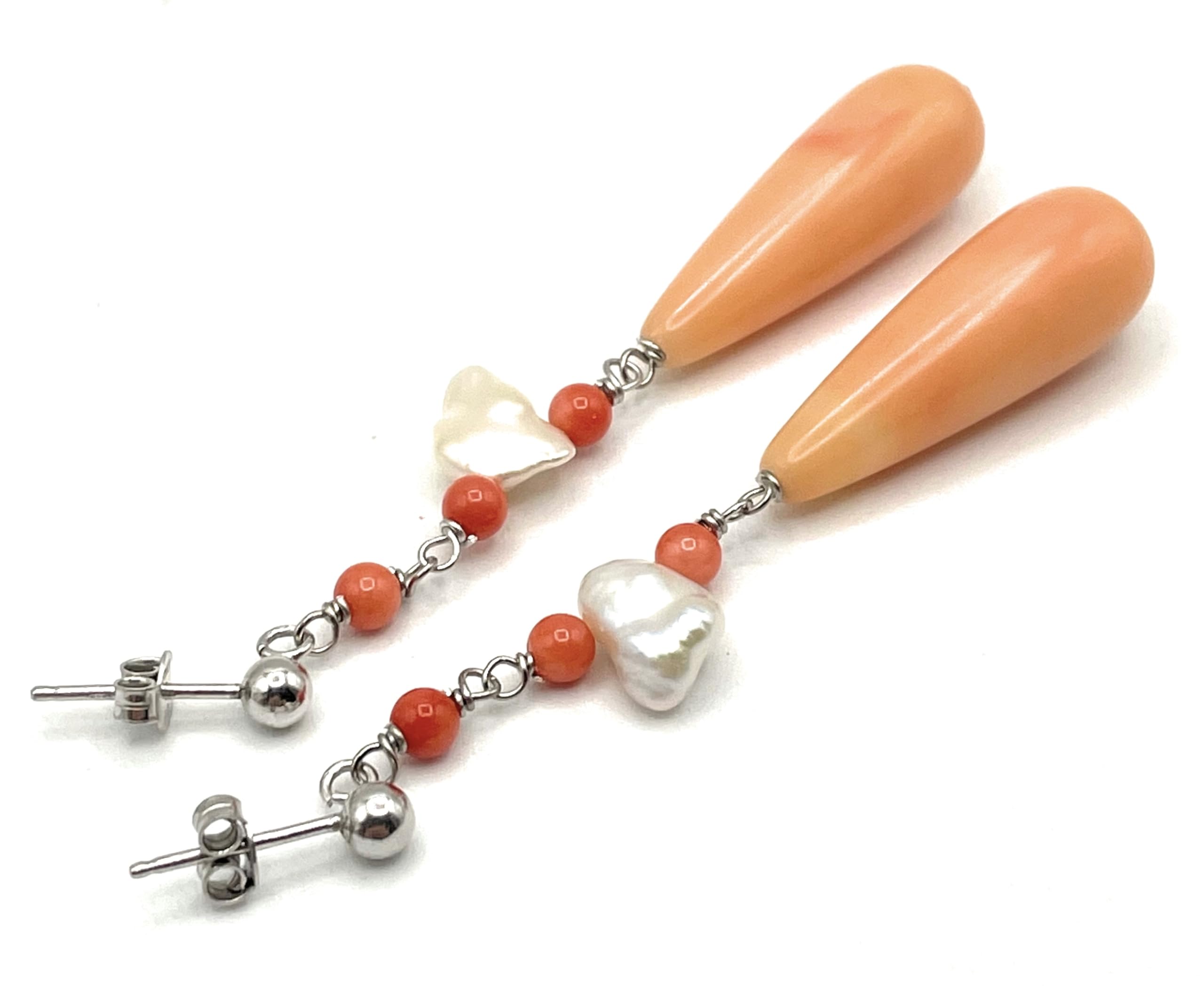 Orecchini Corallo Rosa e Perle Keshi, Pendenti in Argento 925 Made in Italy, Gioielli Pietre Naturali, Bijoux Artigianali, Regalo per Lei