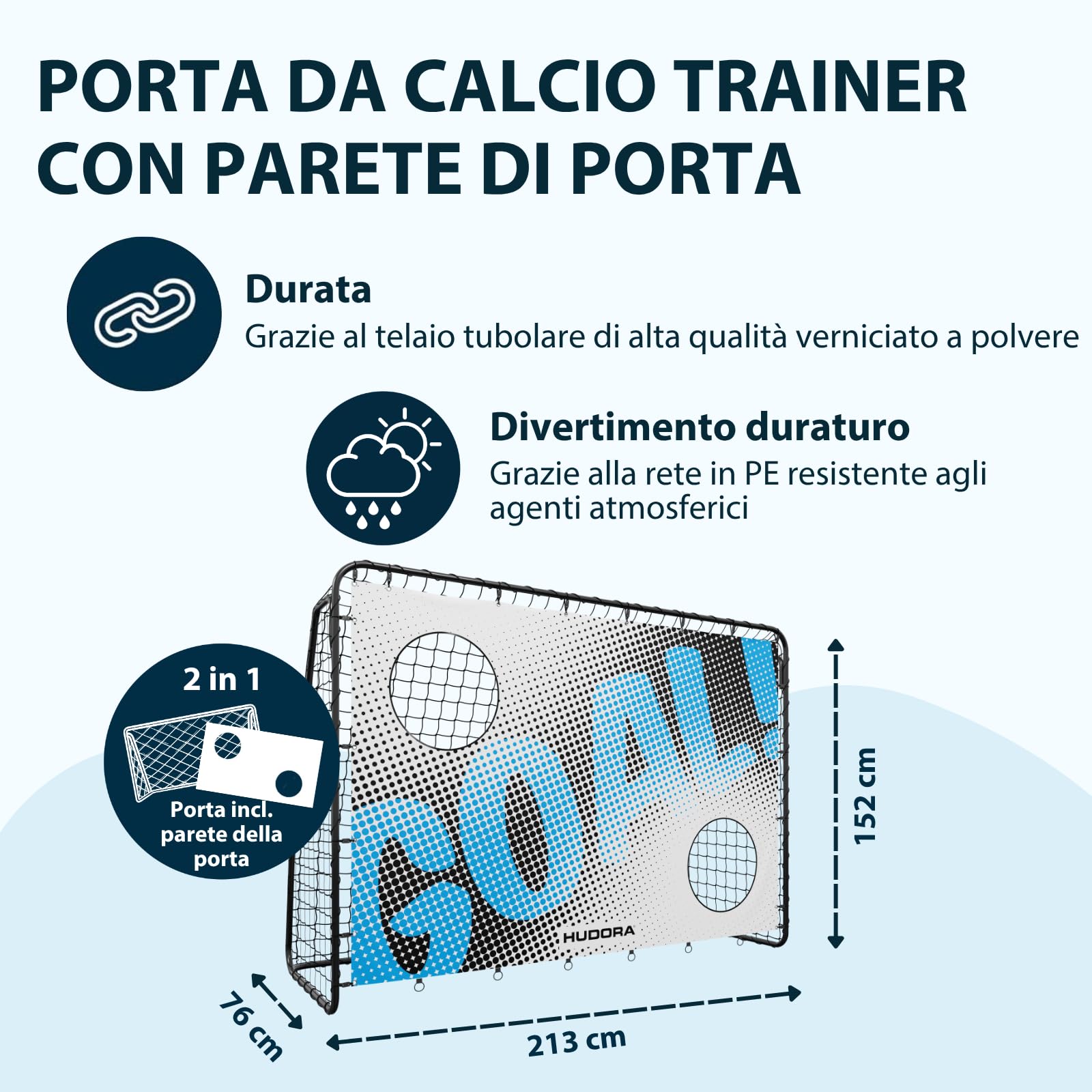 HUDORA Porta da calcio Trainer con parete per goal - porta robusta da esterno per bambini e adulti - con due fori bersaglio rinforzati - Porta impermeabile per training e divertimento - goal