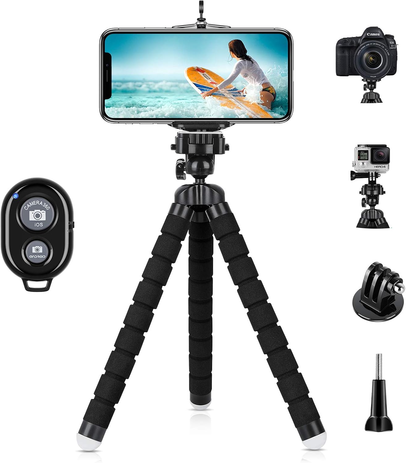 YeahWhee Phone Tripod, Flexible Cell Phone Selfie Stick Tripod Stand Camera Tripod Holder with Wireless Remote and Universal Clip for Phone,Sports Camera