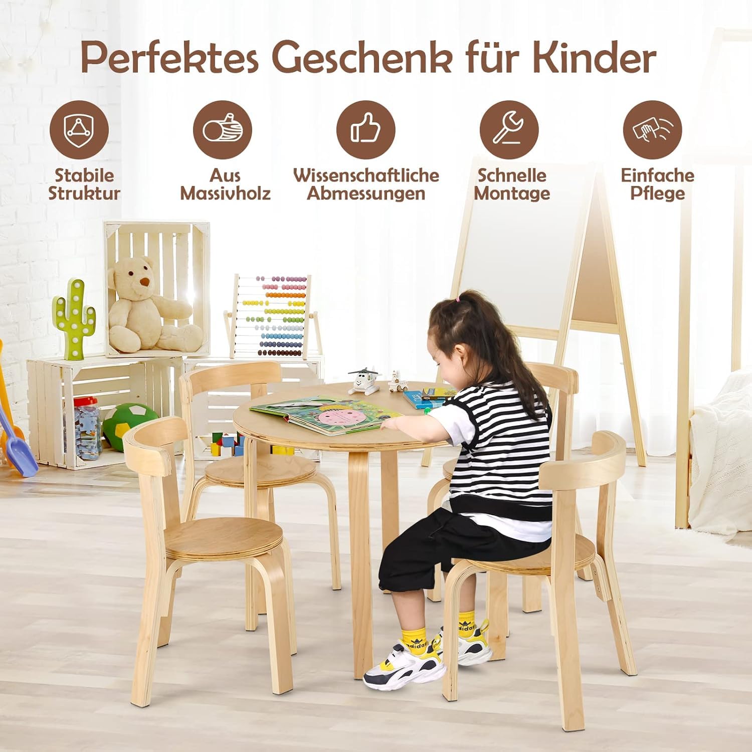 DREAMADE Kindertisch mit 4 Stühlen, Kindersitzgruppe aus Massivholz, Kinder Tisch Stuhl Set, Kindermöbel Set, Sitzgruppe für Kinder Mädchen und Jungen (Natur)