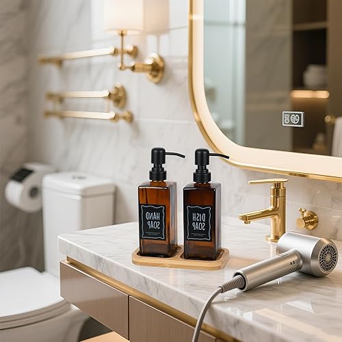 Miniatura 5 de Moderno dispensador de jabón con base de bambú. Dispensador de jabón de vidrio con bomba de acero inoxidable, perfecto para decoración de cocina y