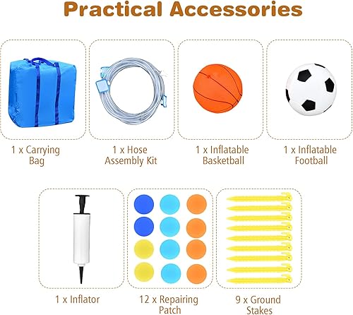 Vista 5 de HONEY JOY Tobogán acuático inflable, parque acuático gigante con porterías de fútbol para exteriores, piscina, escalada, toboganes acuáticos