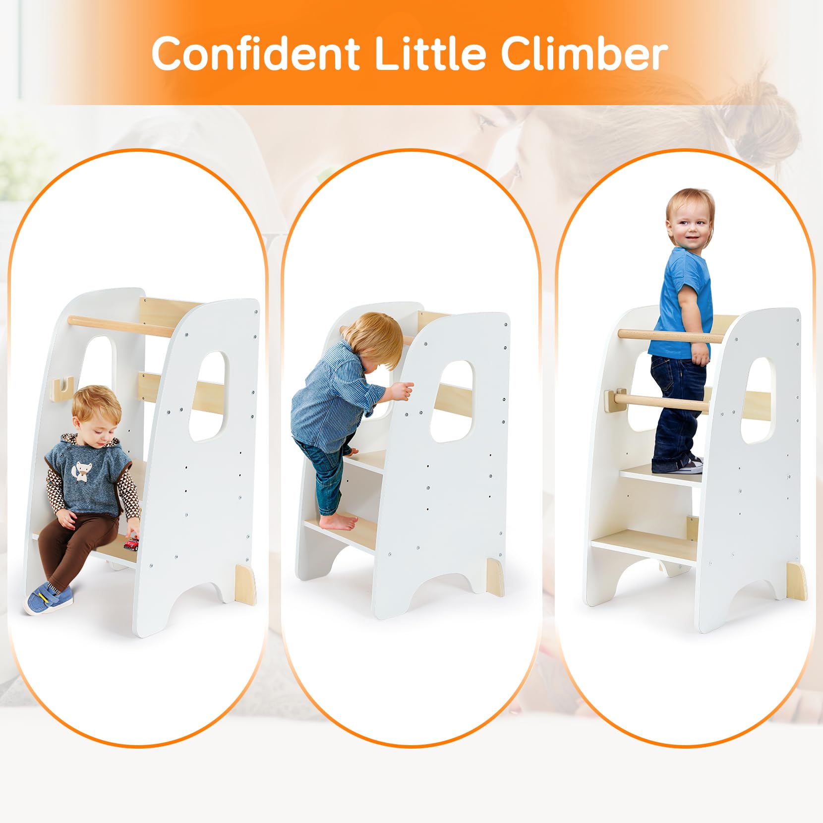 Ezebaby Taburete para niños pequeños, taburete de cocina ajustable, taburete de entrenamiento para niños, para encimera de cocina, fregadero de baño, con riel de seguridad, patas antideslizantes,