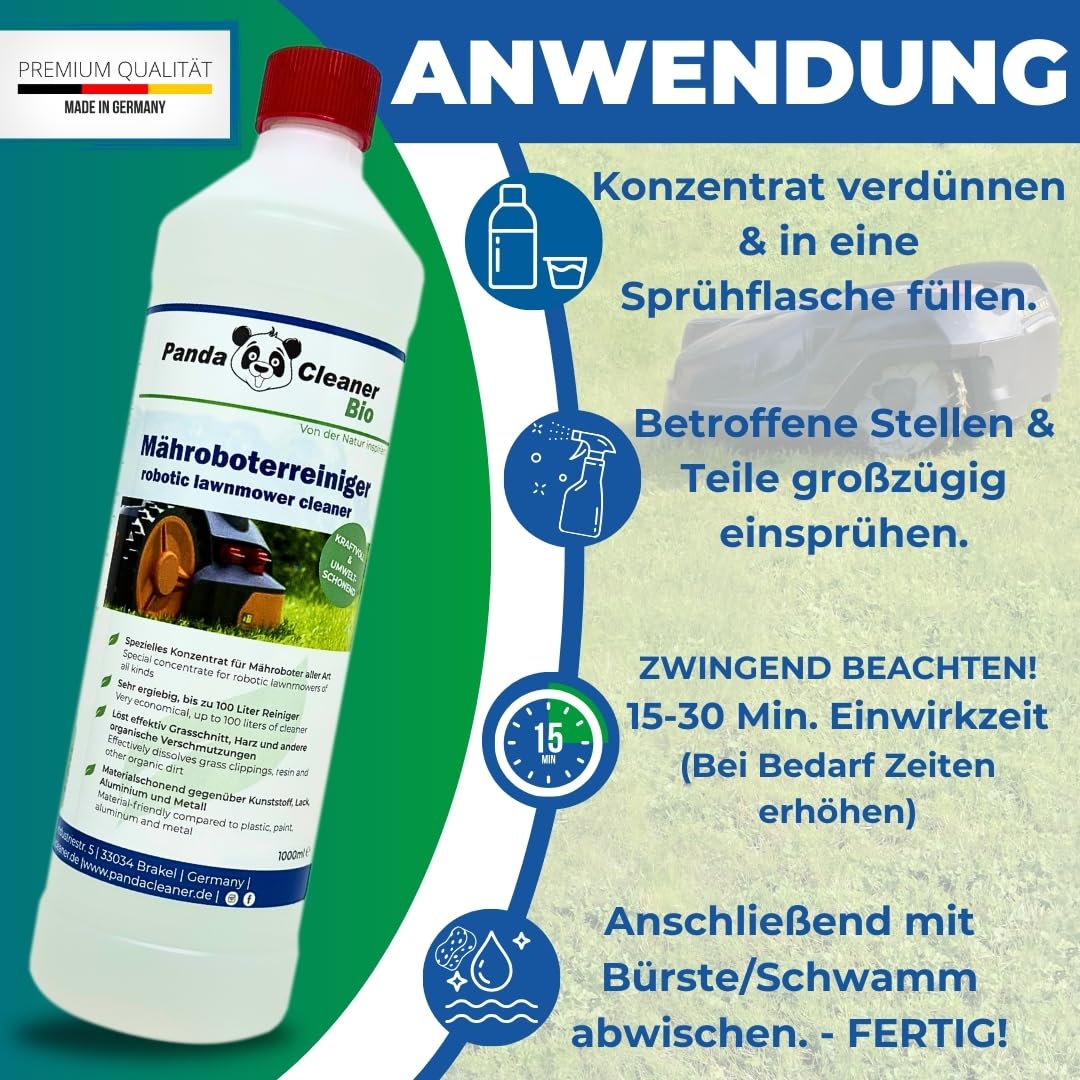 PandaCleaner BIO robot czyszczący do kosiarki – 1 l wysokiego koncentratu 1:100 – akcesoria do kosiarek Bosch, Einhell, Gardena, Husqvarna, Stihl, Wolf-Garten, Worx, Robomow i wielu innych.