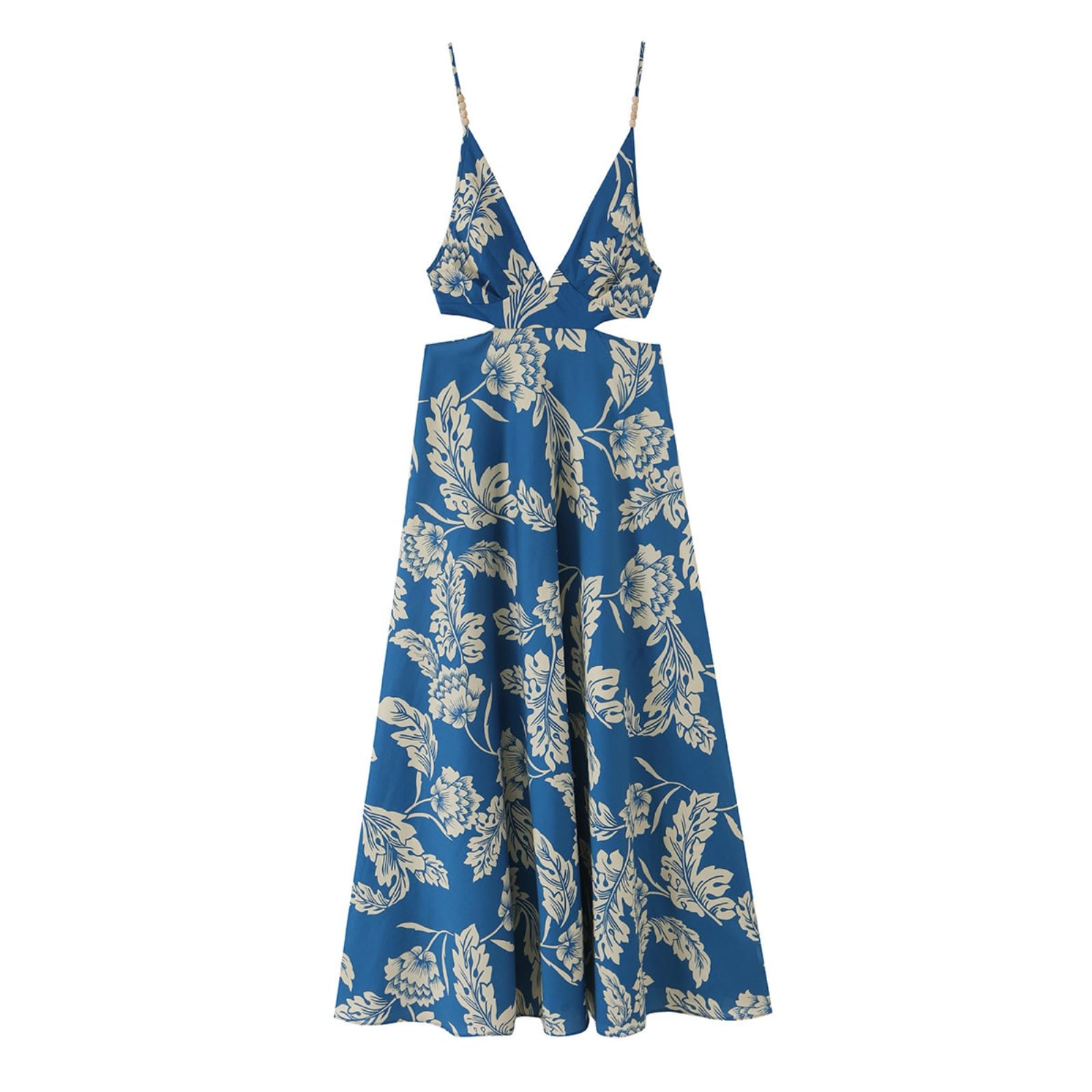 Vestido Largo Verano Mujer Vestido Midi Azul con Estampado Floral, Escote En V Profundo Y Tirantes Finos, Ideal para Vacaciones De Verano.