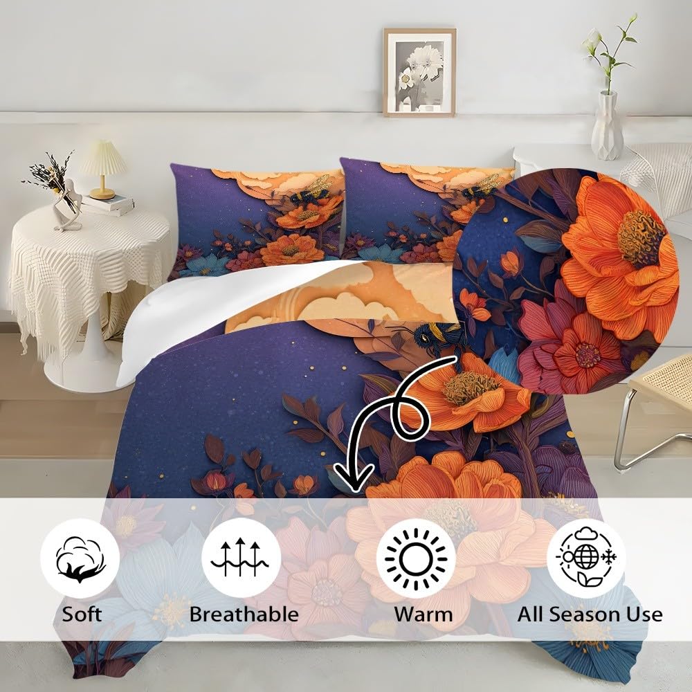 Mistrzowski kwiat pszczoła nadruk 3D dla dorosłych i dzieci, 3-częściowy zestaw pościeli, 180 x 200 cm, kolorowa pościel, miękka i nie wymaga prasowania, z mikrofibry, poszewka na poduszkę 80 x 80 cm