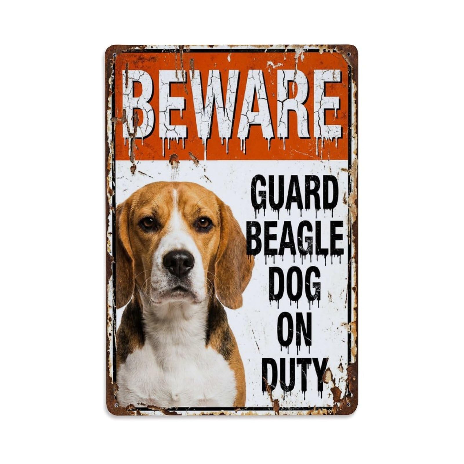 Vintage Funny Beagle Guard Beware of Dog Pathway Metal Tin Sign Plaque Wall Decor for Cafe, Club Bar, Office, Garden Metal Poster 8x12Inch