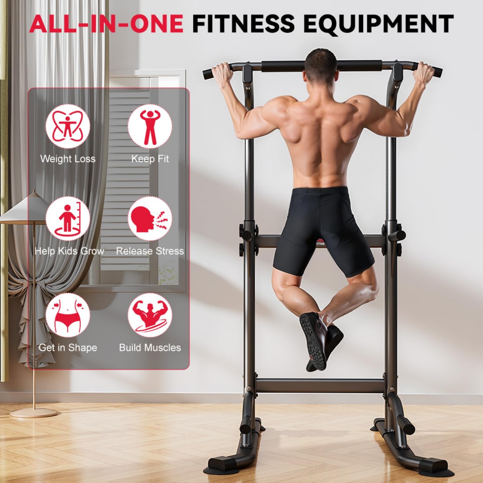 Power Tower Dip Station - Barra per trazioni autoportante, multifunzione per allenamento a torre elettrica, regolabile in altezza, 165-210 cm, autoportante per palestra domestica