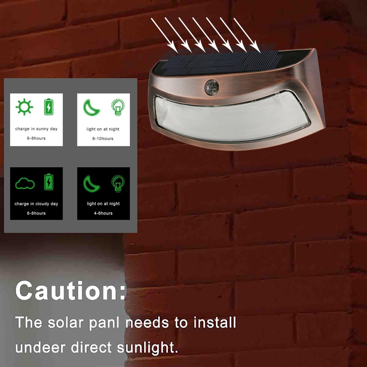 Solar Powered Step Lights (2-Pack) - Elegant Curved Modern Design with 4 LED. Constant Lighting Mode Provides Soft, White Glow. Great for porches, Steps, Wall Lighting and Landscaping (Copper)