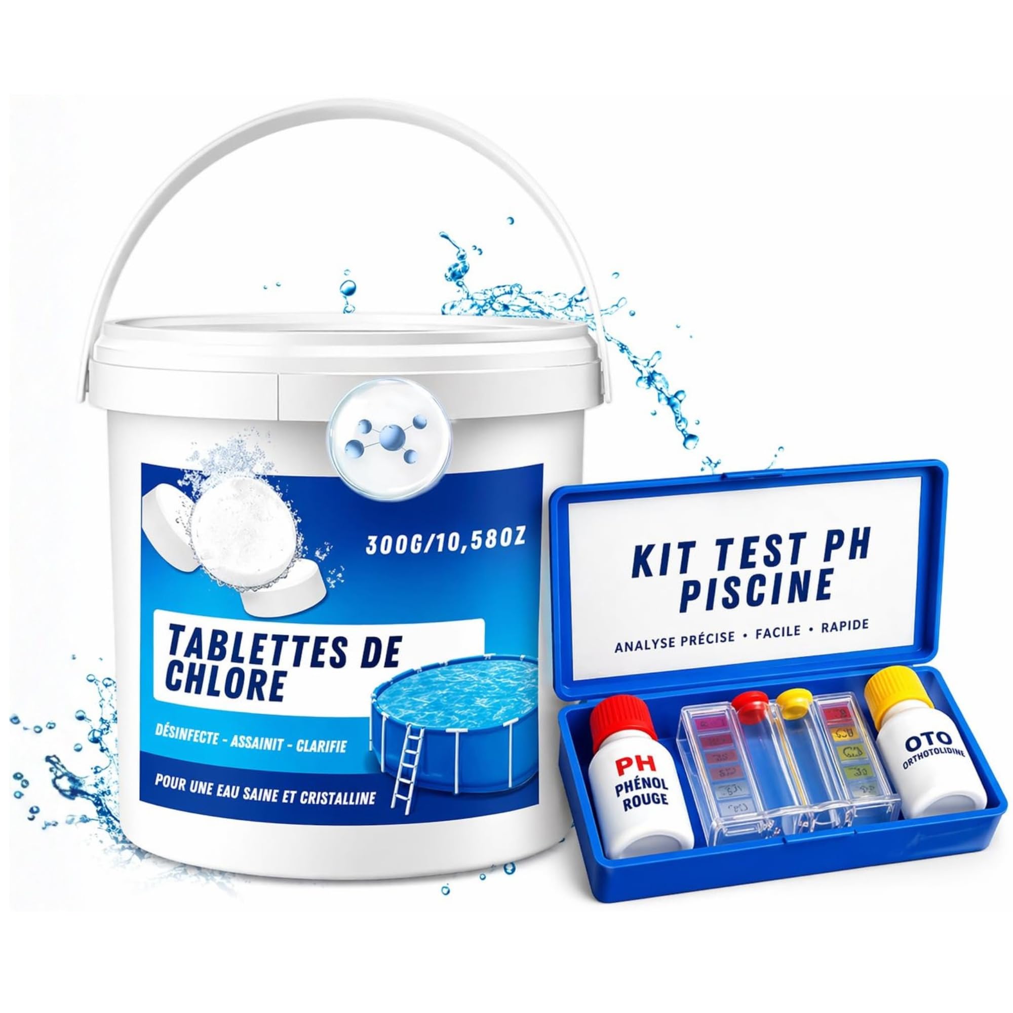 Mano Vivo Kit Traitement Piscine & Spa – Pastilles de Chlore 20g + Testeur pH/Chlore – Entretien Eau Claire, Désinfection Longue Durée – pour Piscine Hors-Sol, Jacuzzi et Spa Jusqu’à 15 m³ – 300 g
