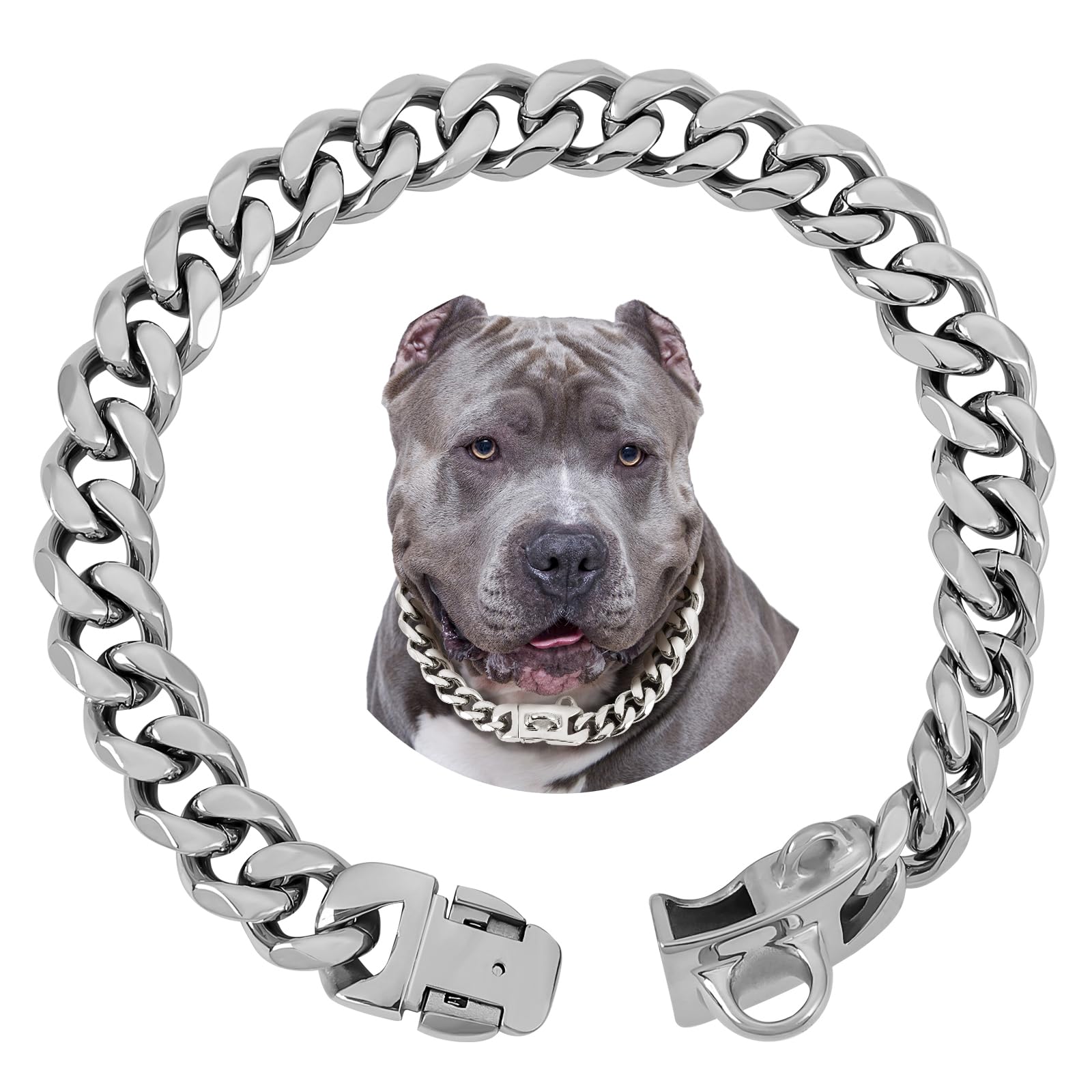 BAOBOTE 15MM Silver Stainless Steel Dog Collar with Cuban Link Chain Heavy Duty Chew Proof Training Collar for Dogs(16" Silver)